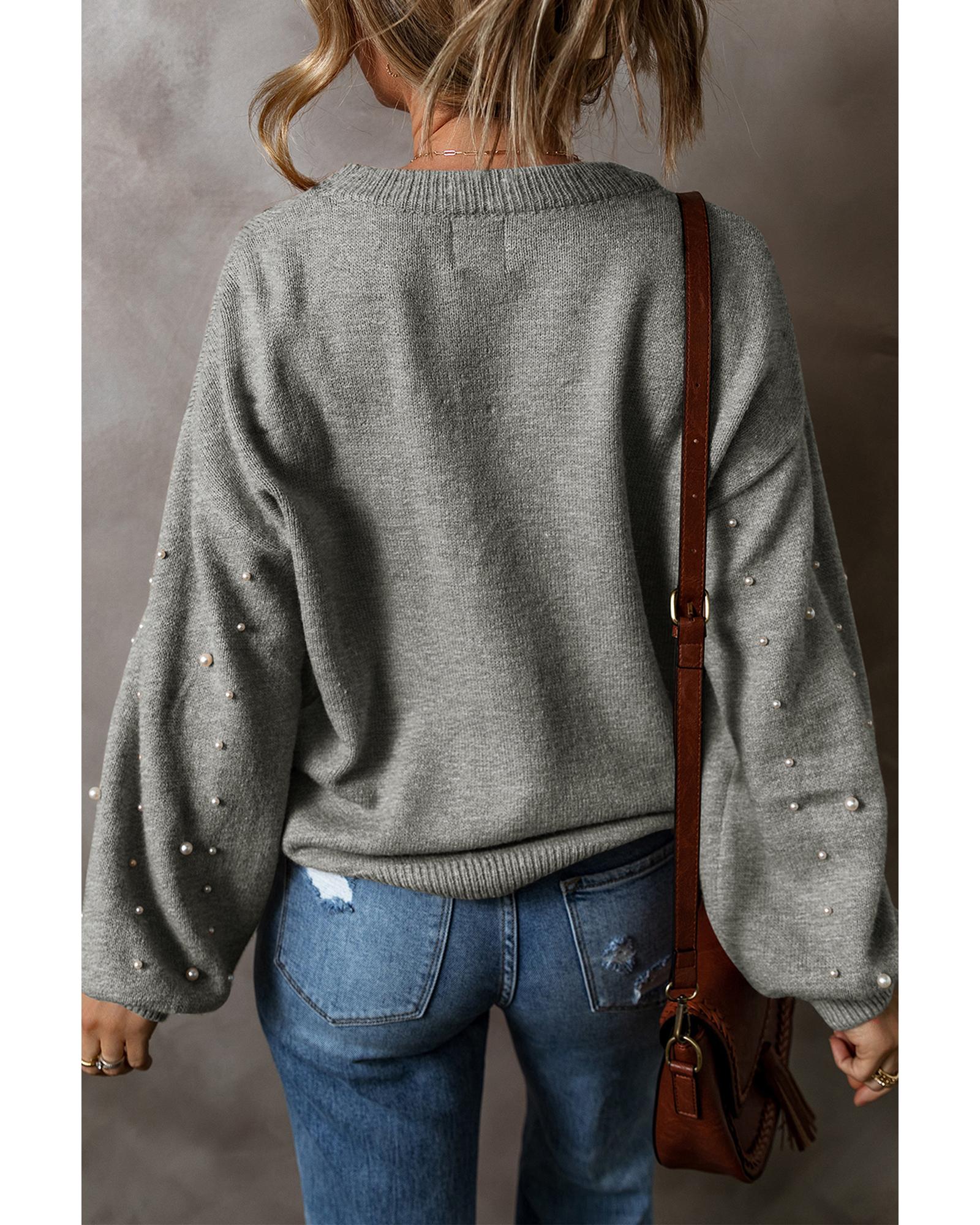 Light Grey Pearled Drop Shoulder Round Neck Sweater - XL