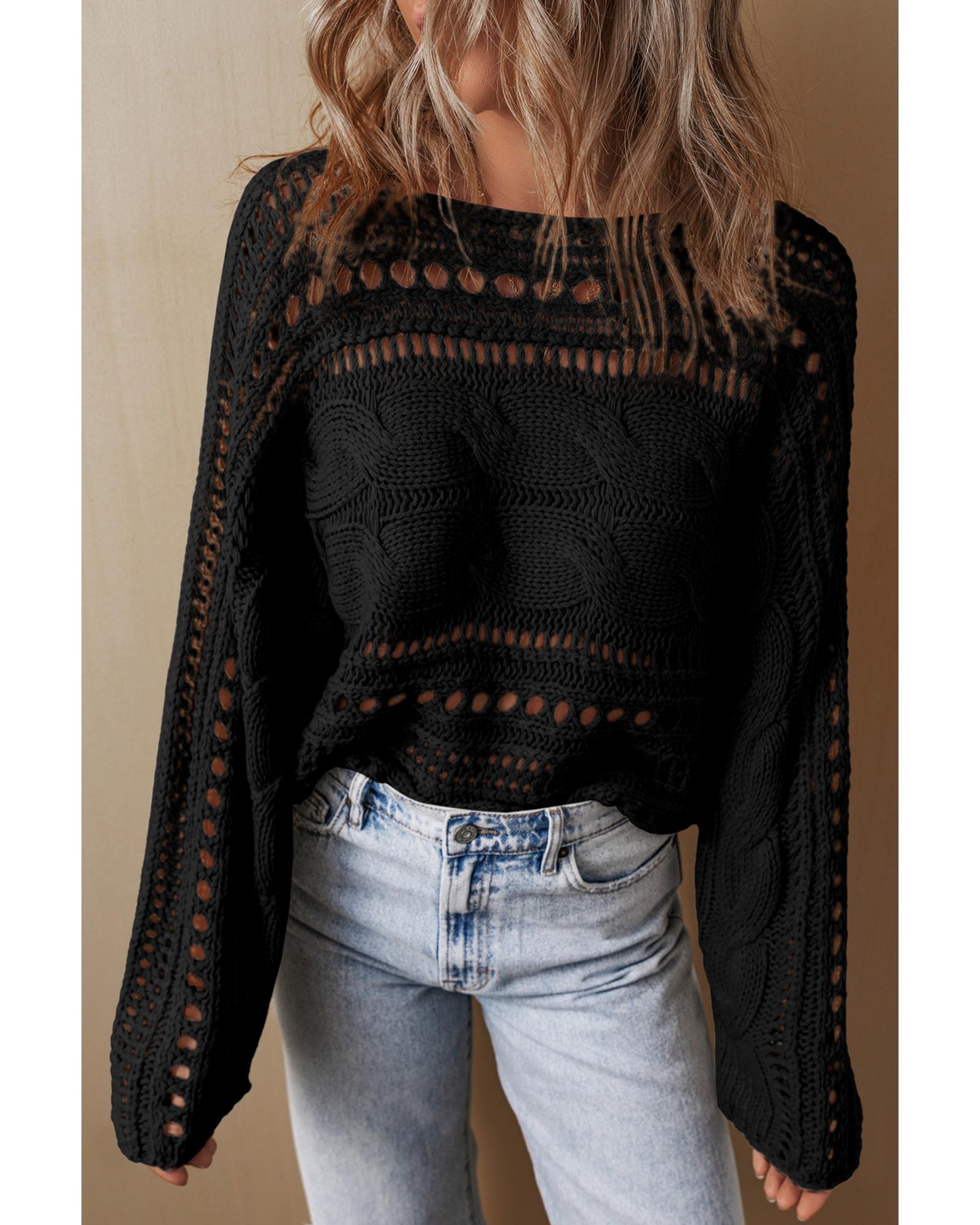 Black Hollow-out Cable Knit Cropped Sweater - XL