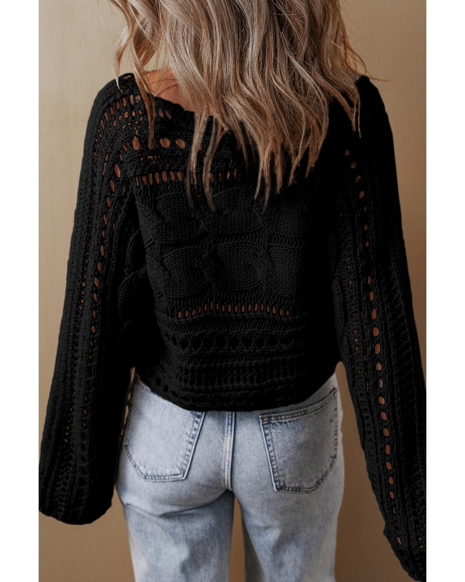 Black Hollow-out Cable Knit Cropped Sweater - XL