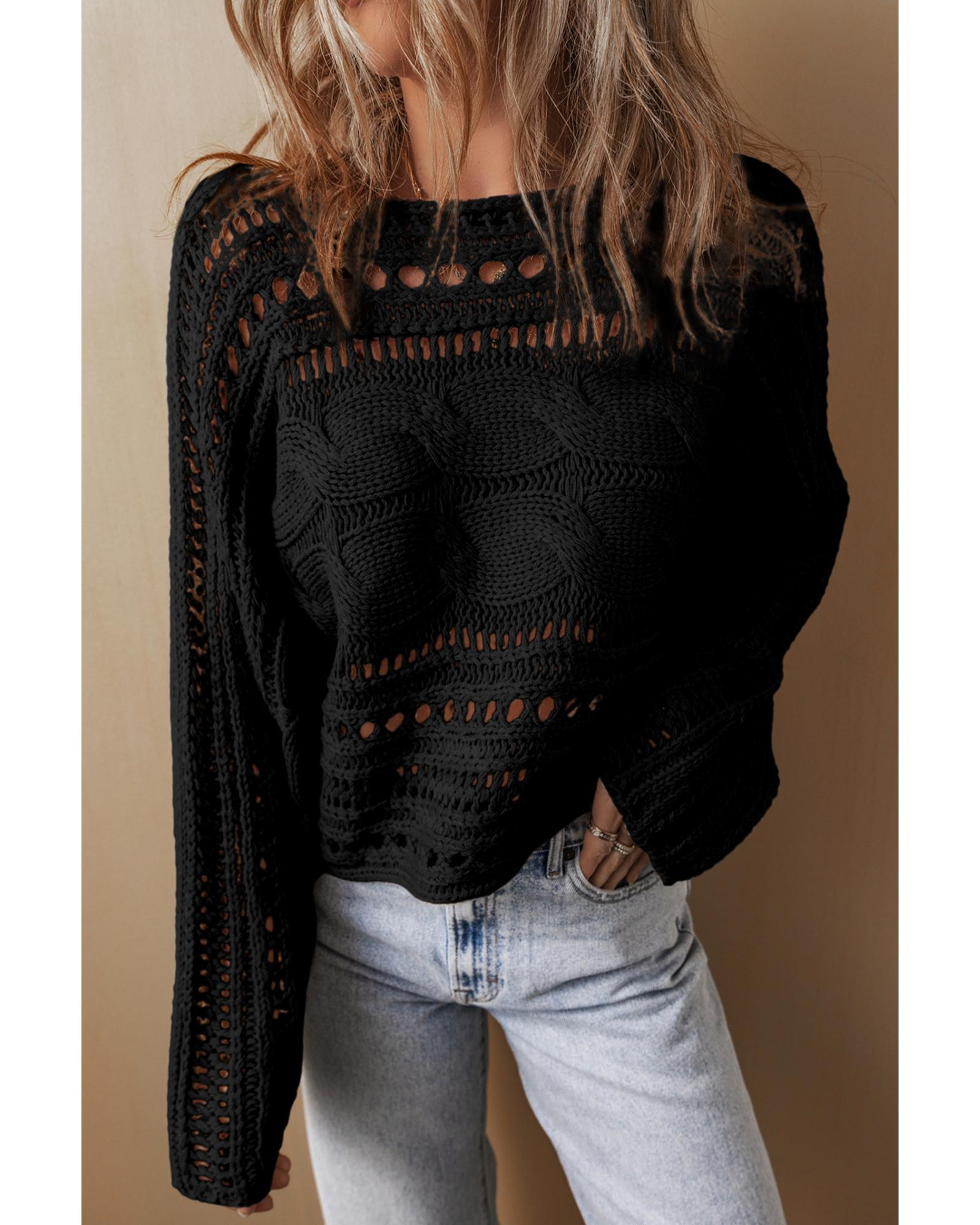 Black Hollow-out Cable Knit Cropped Sweater - XL