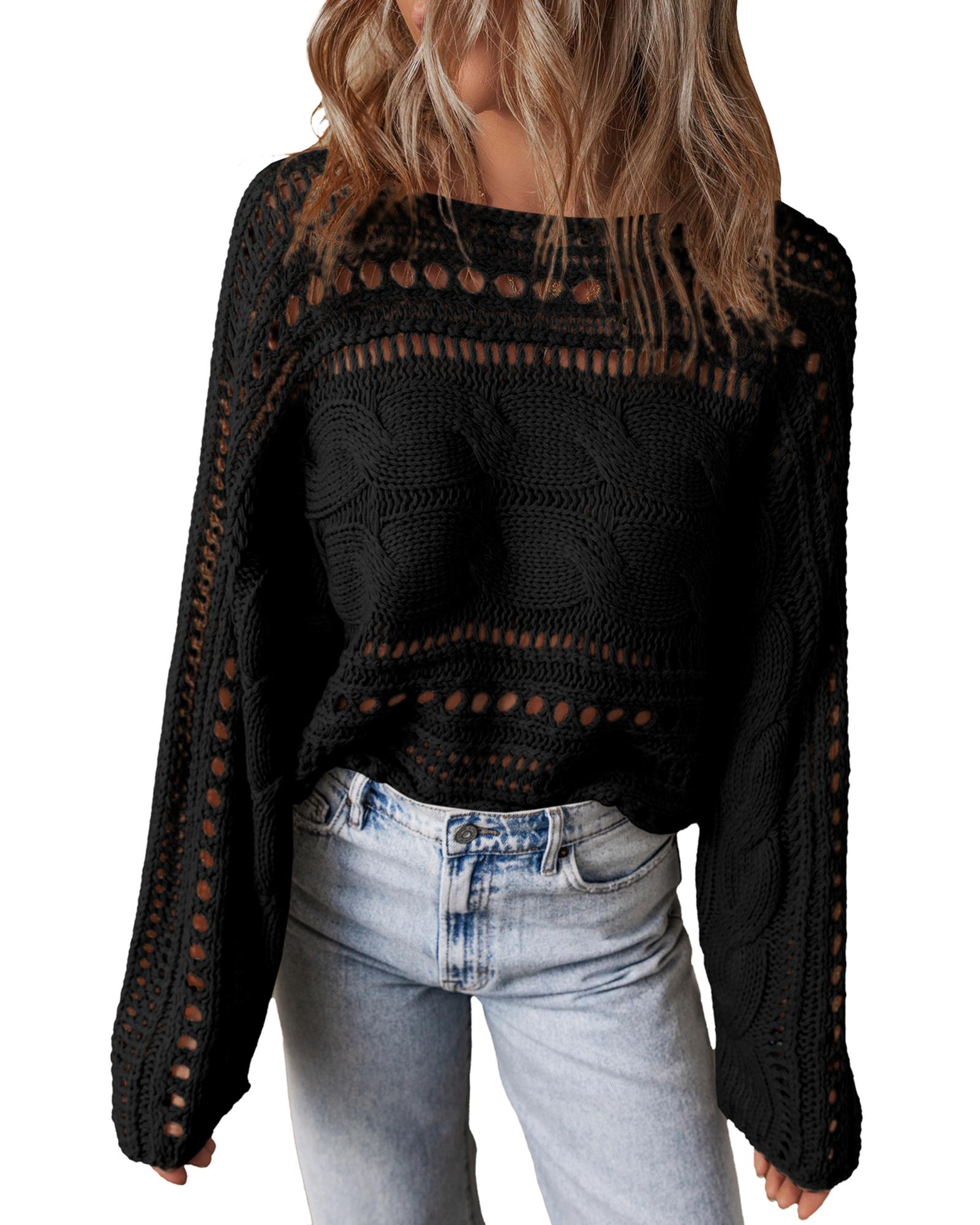 Black Hollow-out Cable Knit Cropped Sweater - XL