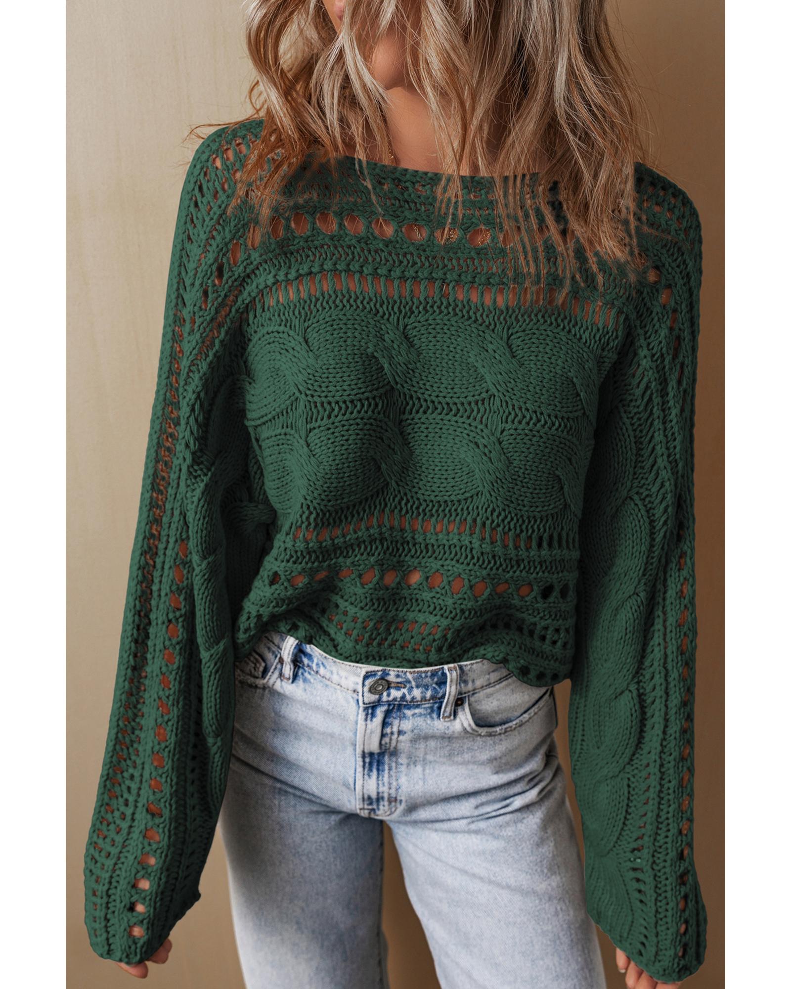 Blackish Green Hollow-out Cable Knit Cropped Sweater - L