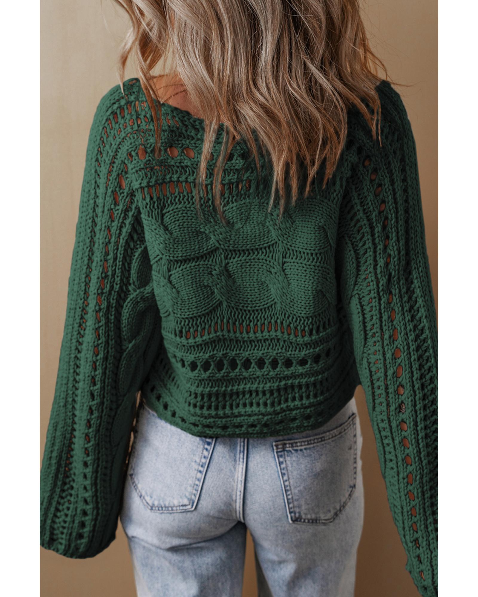 Blackish Green Hollow-out Cable Knit Cropped Sweater - XL