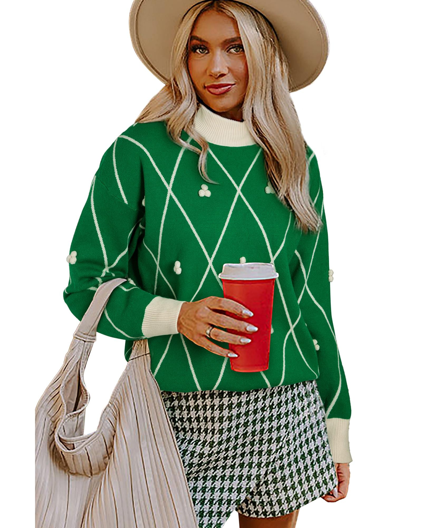 Dark Green Diamond Pattern Pom Accents Contrast Trim High Neck Sweater - L