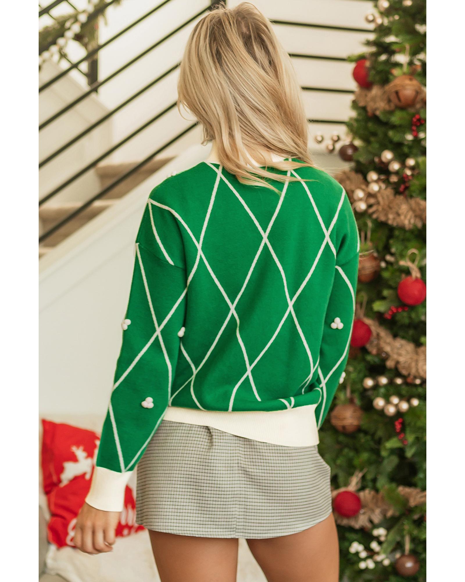 Dark Green Diamond Pattern Pom Accents Contrast Trim High Neck Sweater - L
