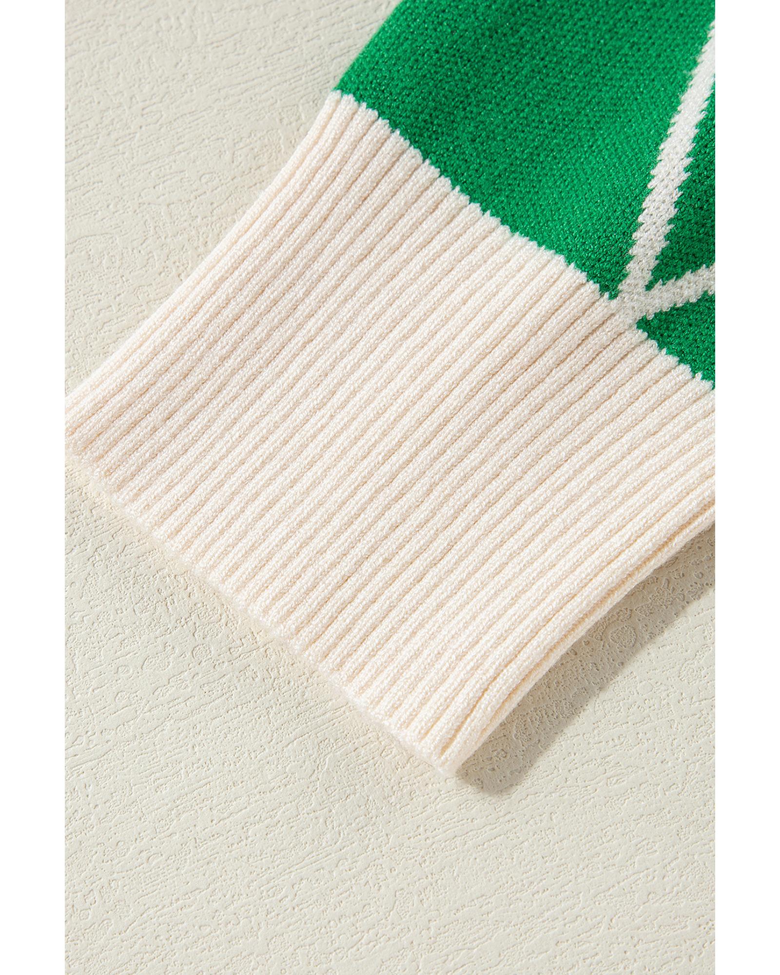 Dark Green Diamond Pattern Pom Accents Contrast Trim High Neck Sweater - L