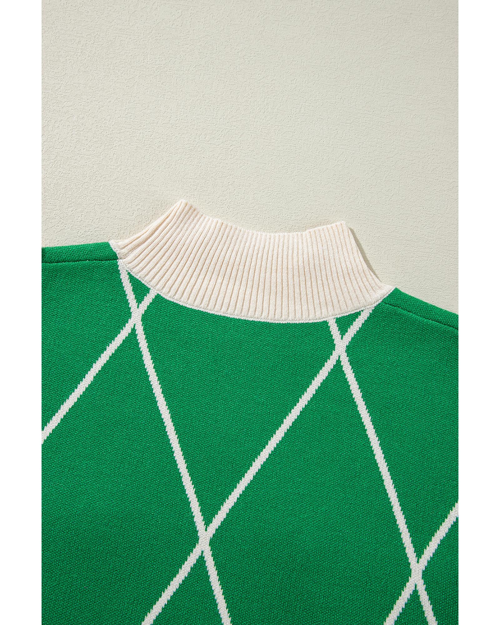 Dark Green Diamond Pattern Pom Accents Contrast Trim High Neck Sweater - M