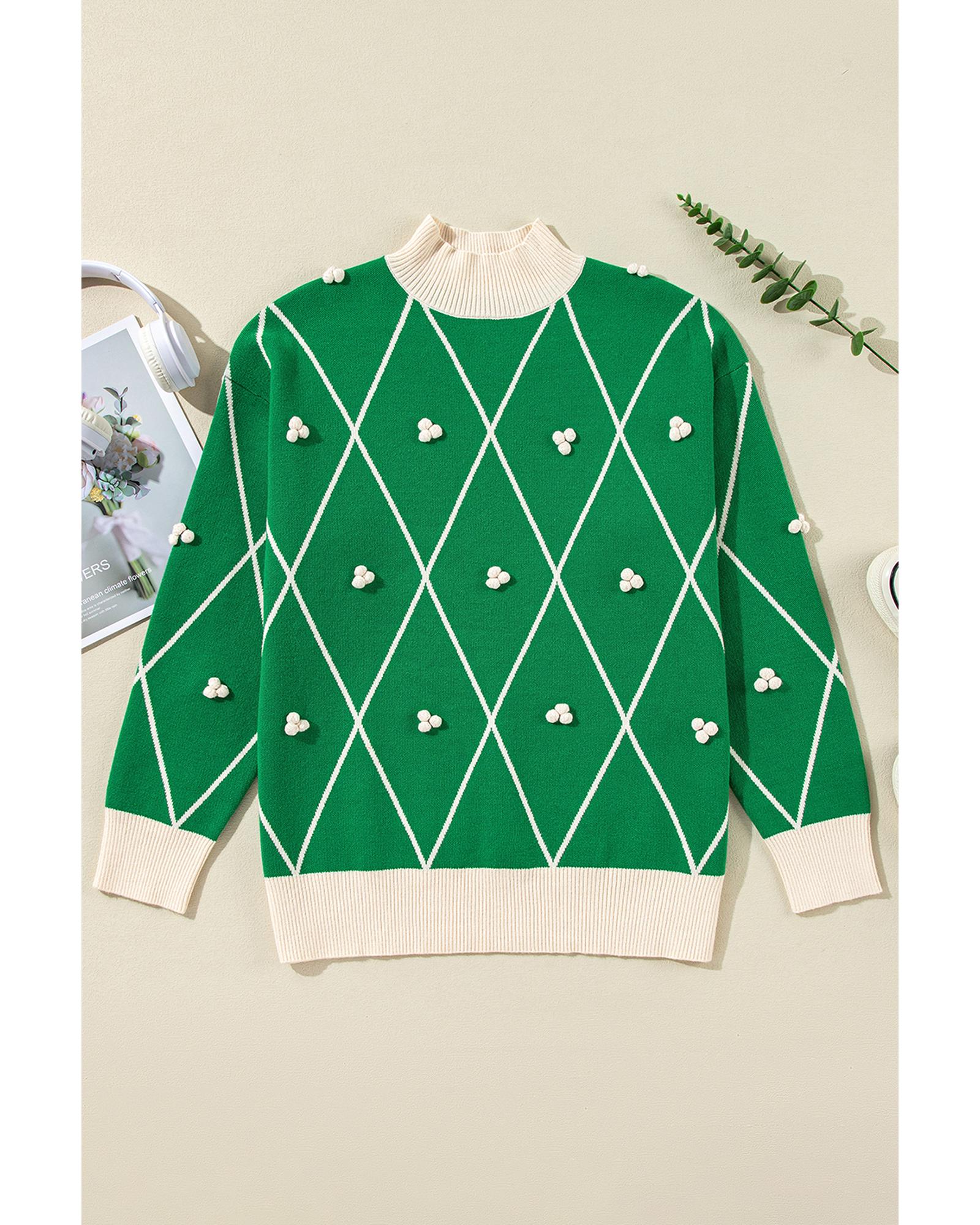 Dark Green Diamond Pattern Pom Accents Contrast Trim High Neck Sweater - M