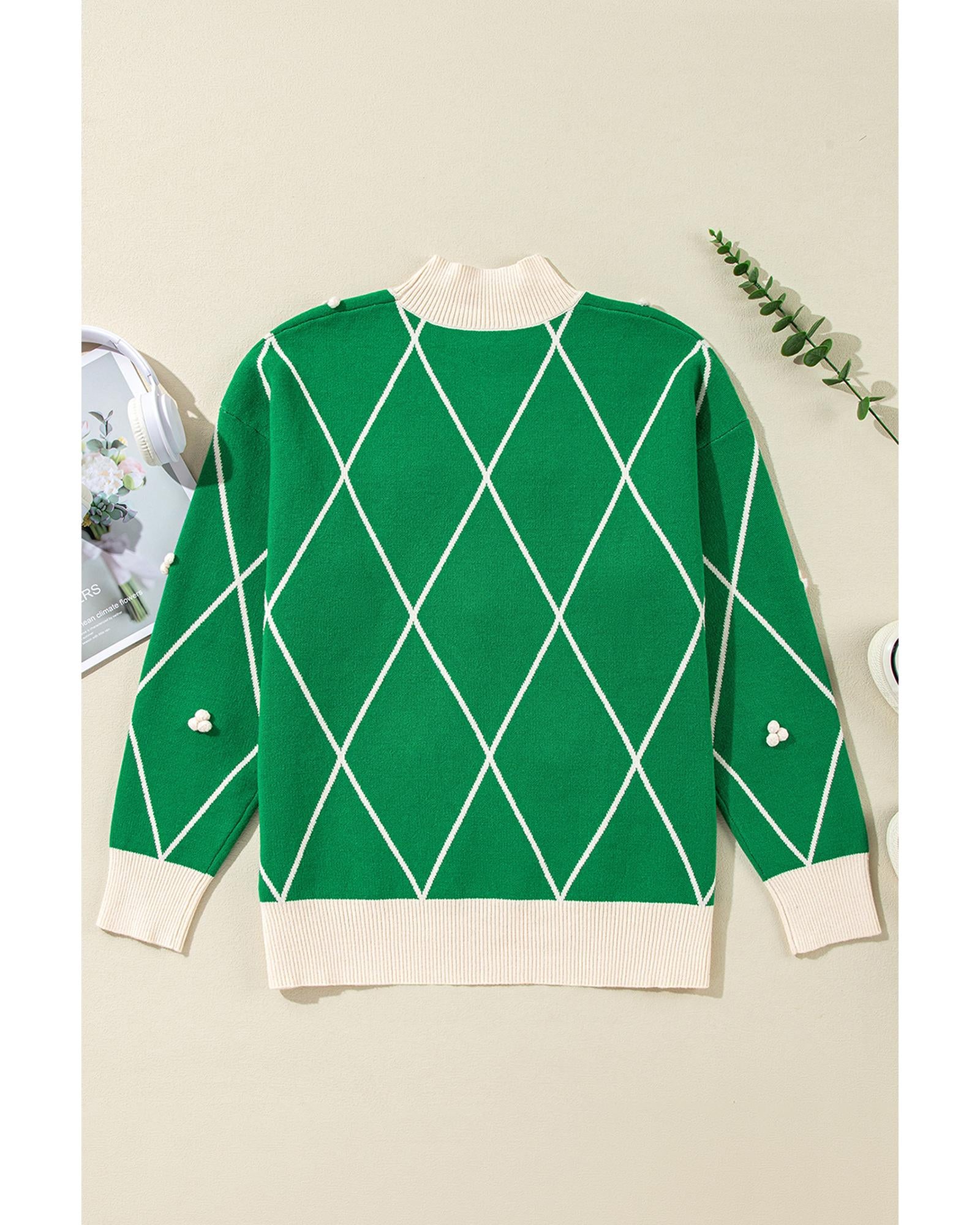Dark Green Diamond Pattern Pom Accents Contrast Trim High Neck Sweater - M