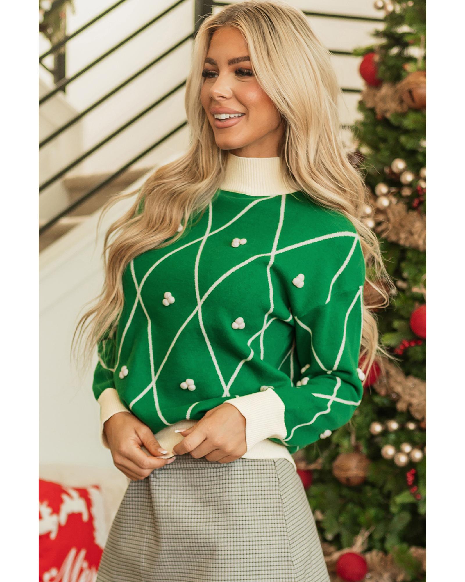 Dark Green Diamond Pattern Pom Accents Contrast Trim High Neck Sweater - M