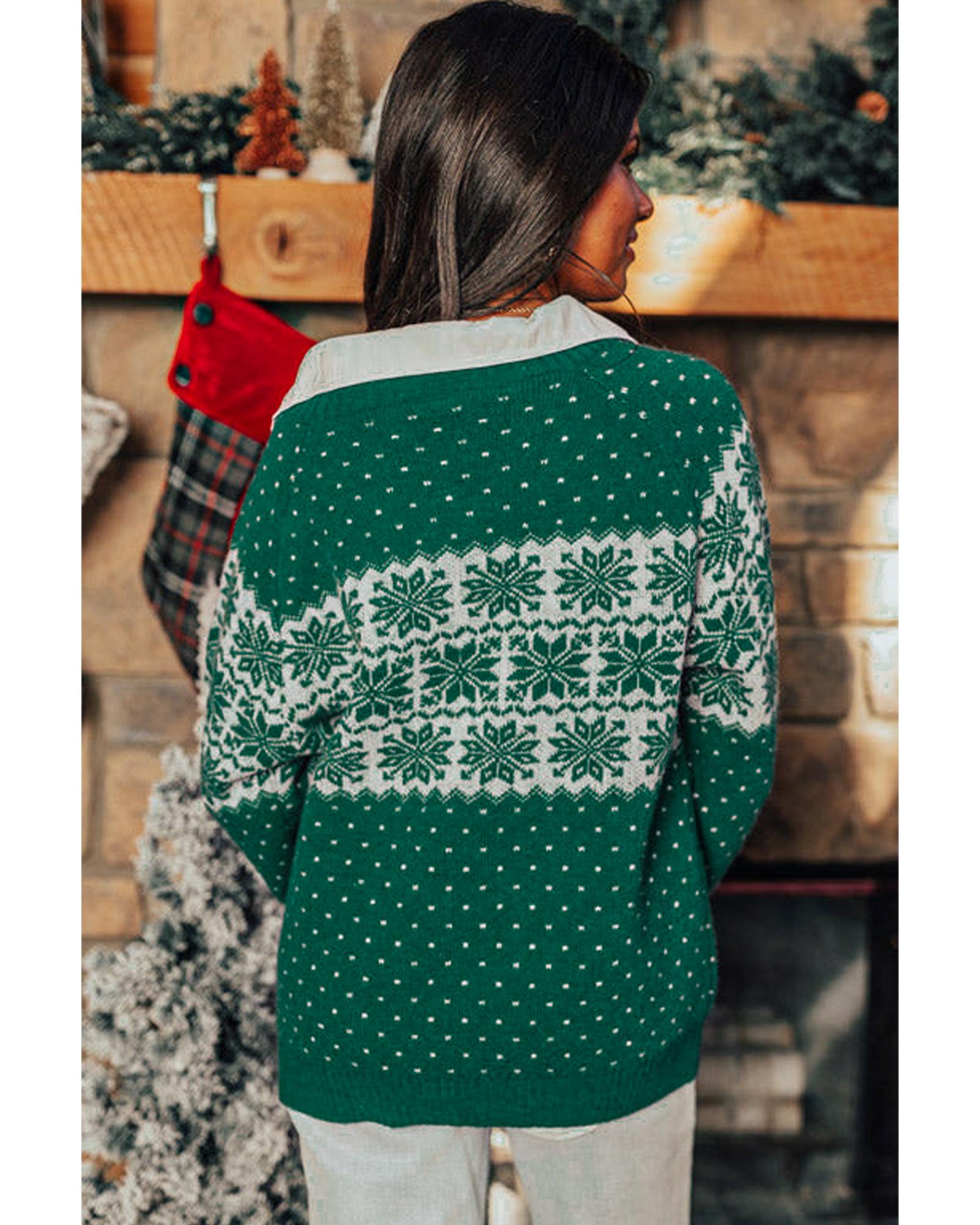 Green Christmas Snowflake Dotted Print Round Neck Sweater - XL