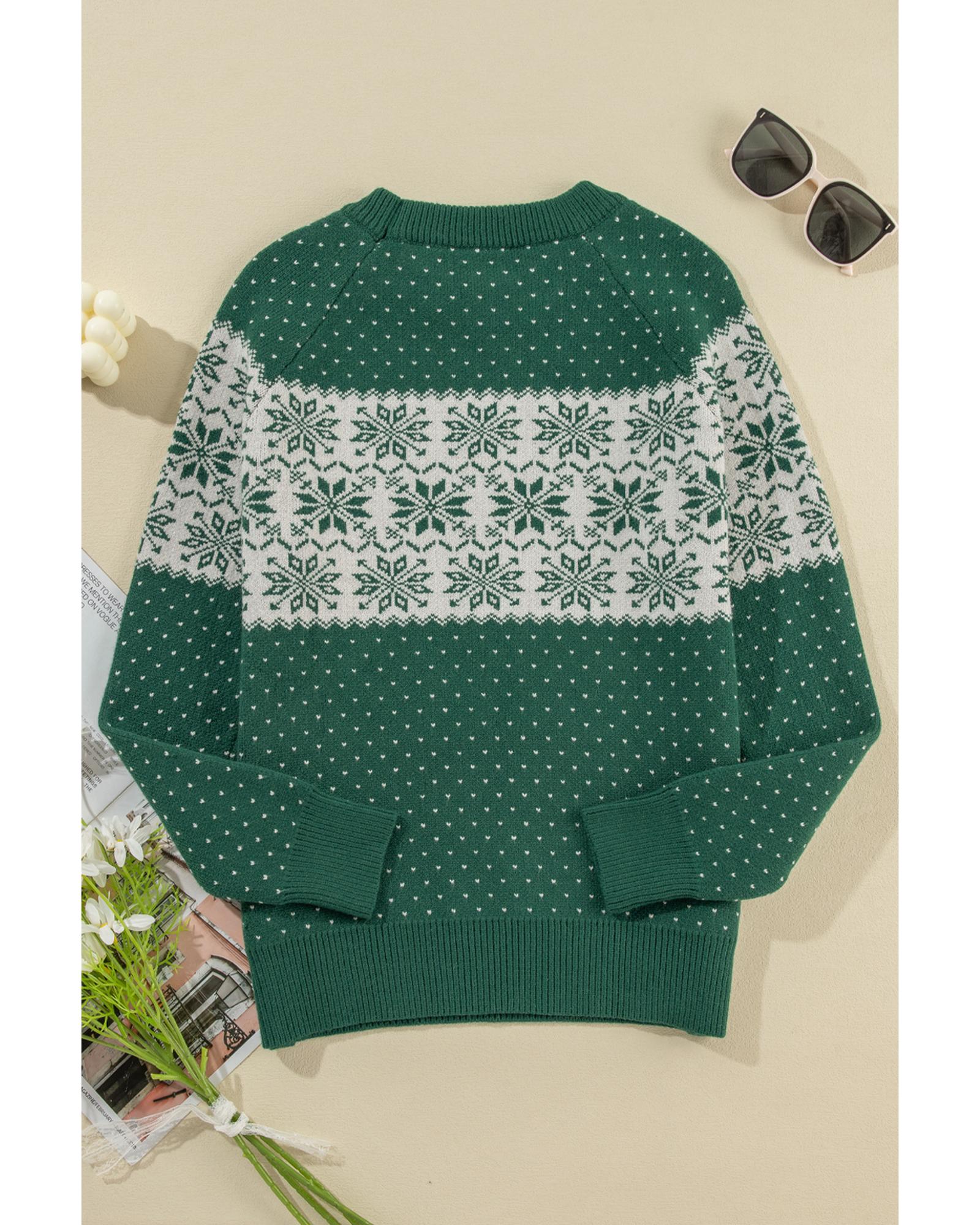 Green Christmas Snowflake Dotted Print Round Neck Sweater - XL