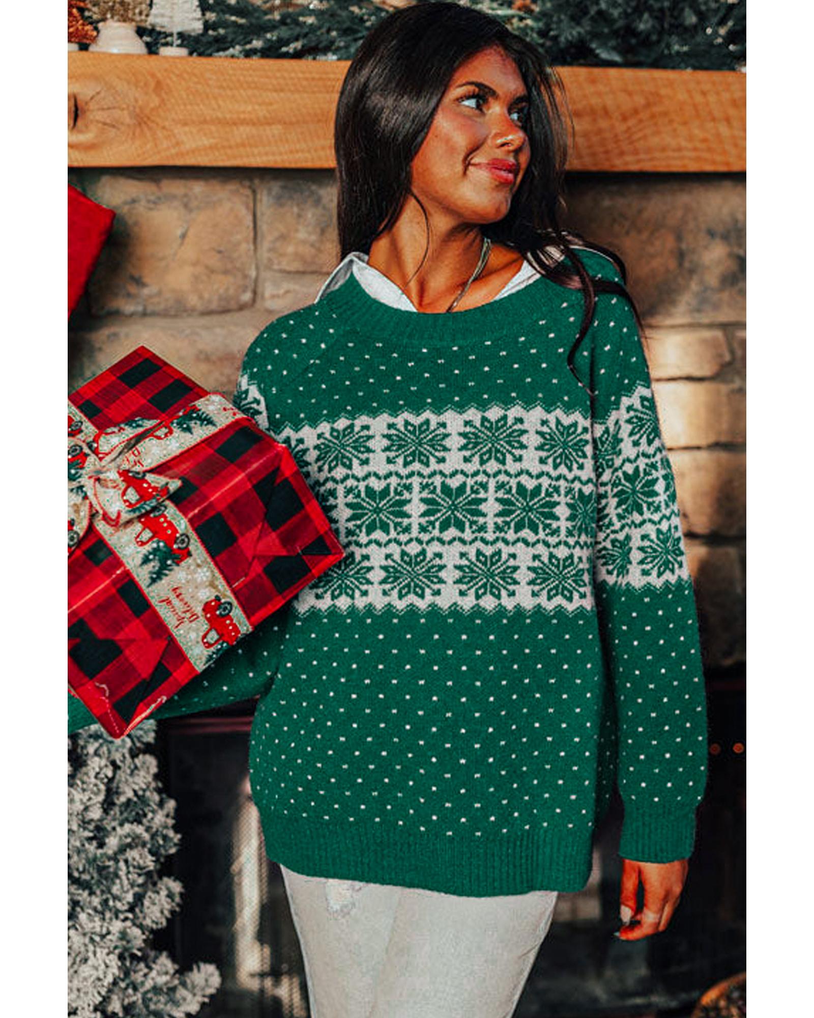 Green Christmas Snowflake Dotted Print Round Neck Sweater - XL