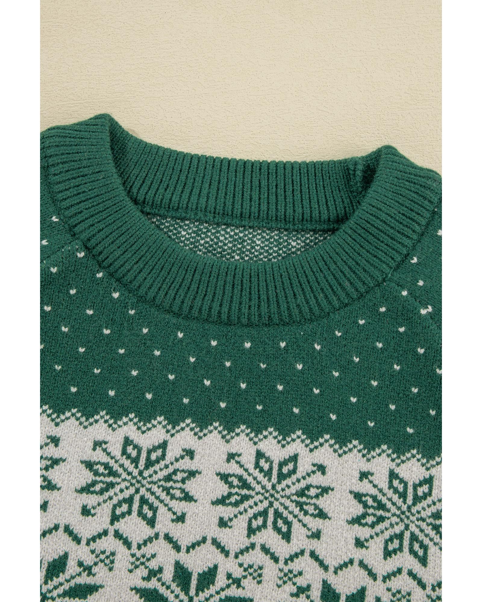 Green Christmas Snowflake Dotted Print Round Neck Sweater - XL