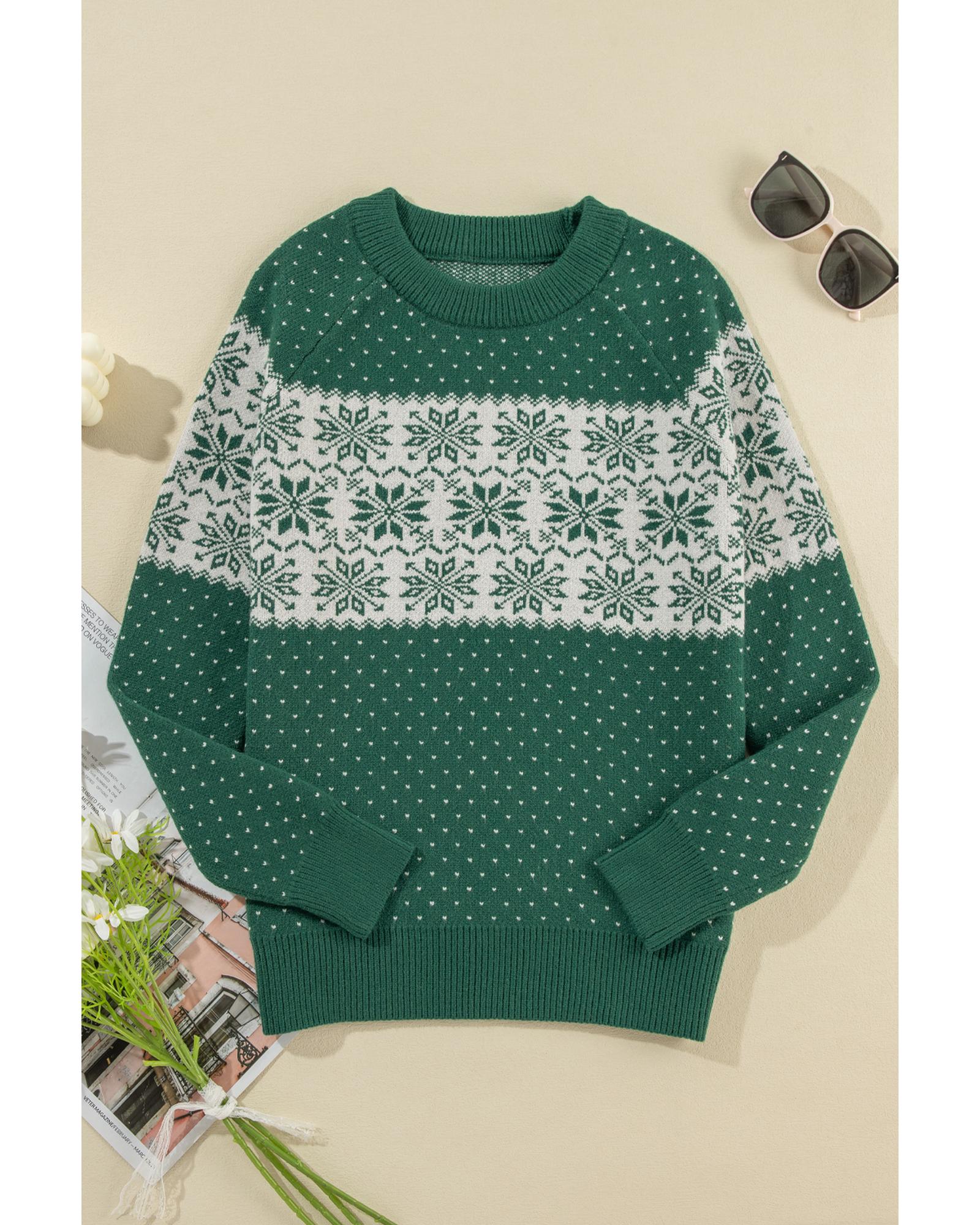 Green Christmas Snowflake Dotted Print Round Neck Sweater - XL