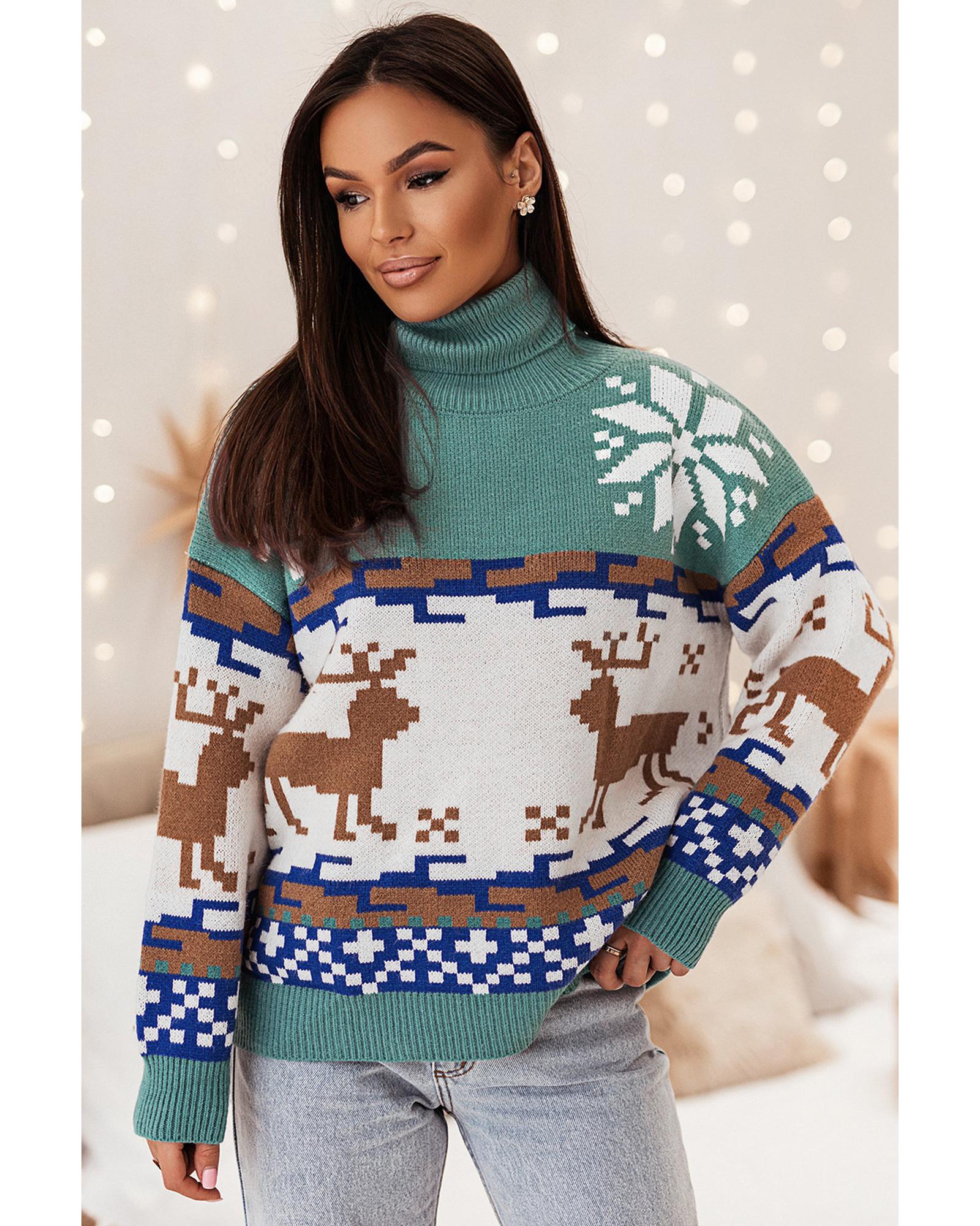 Canton Christmas Reindeer Snowflake Colorblock Turtleneck Sweater - L