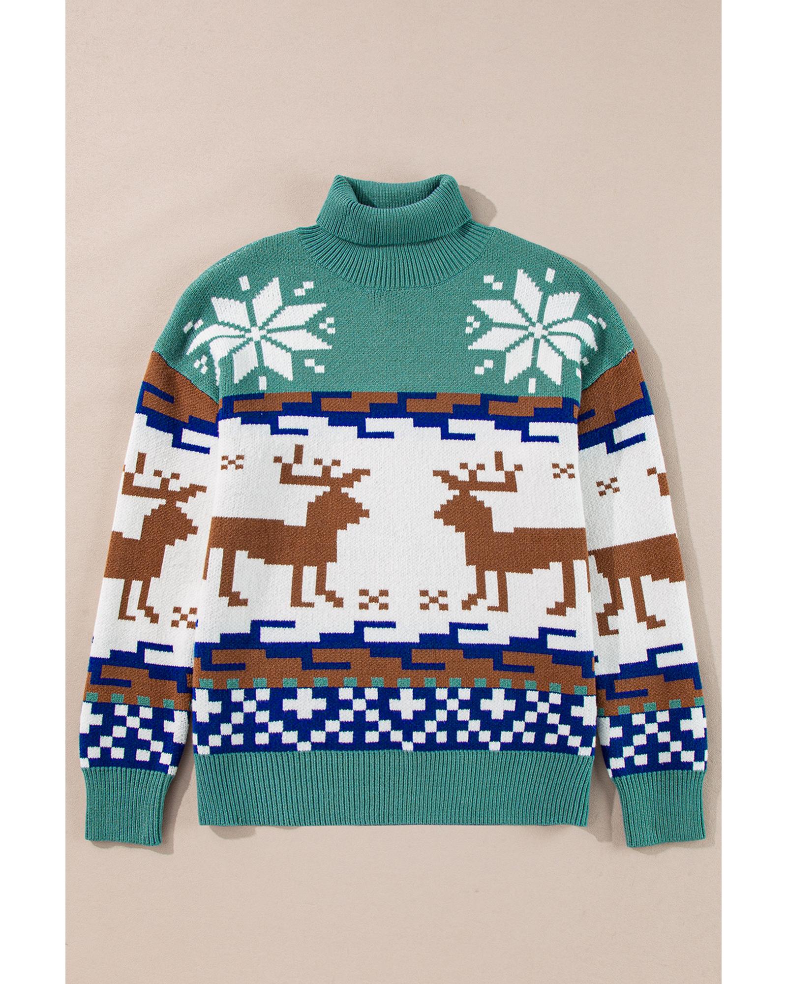 Canton Christmas Reindeer Snowflake Colorblock Turtleneck Sweater - S