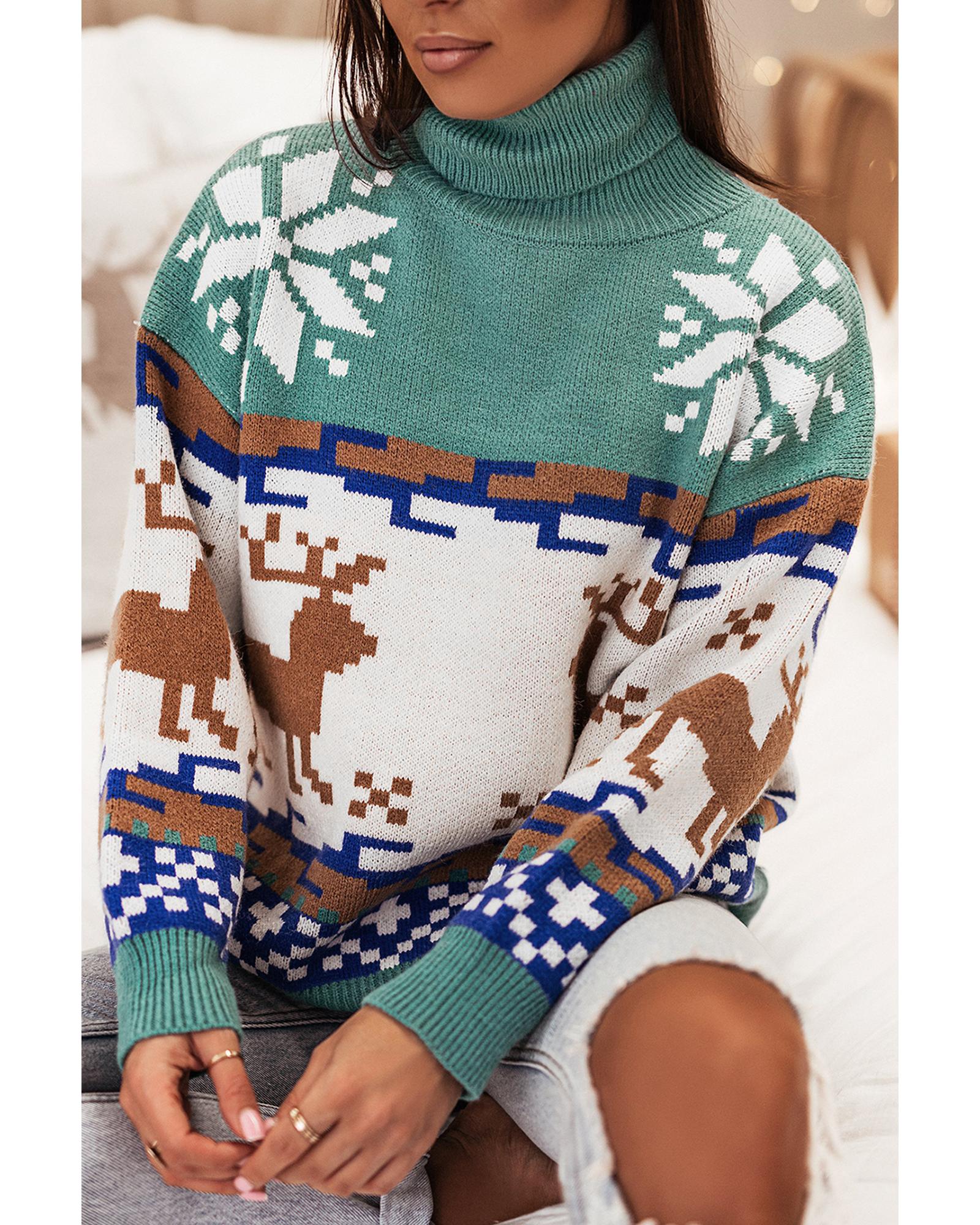 Canton Christmas Reindeer Snowflake Colorblock Turtleneck Sweater - S