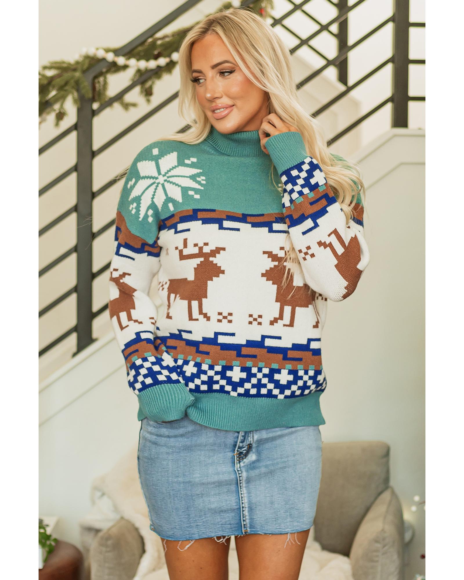 Canton Christmas Reindeer Snowflake Colorblock Turtleneck Sweater - S