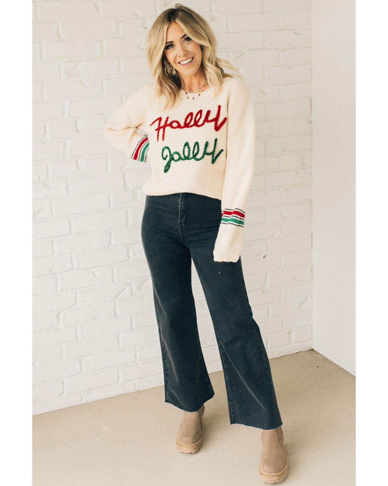 Beige Tinsel Holly Jolly Graphic Classic Sweater - L