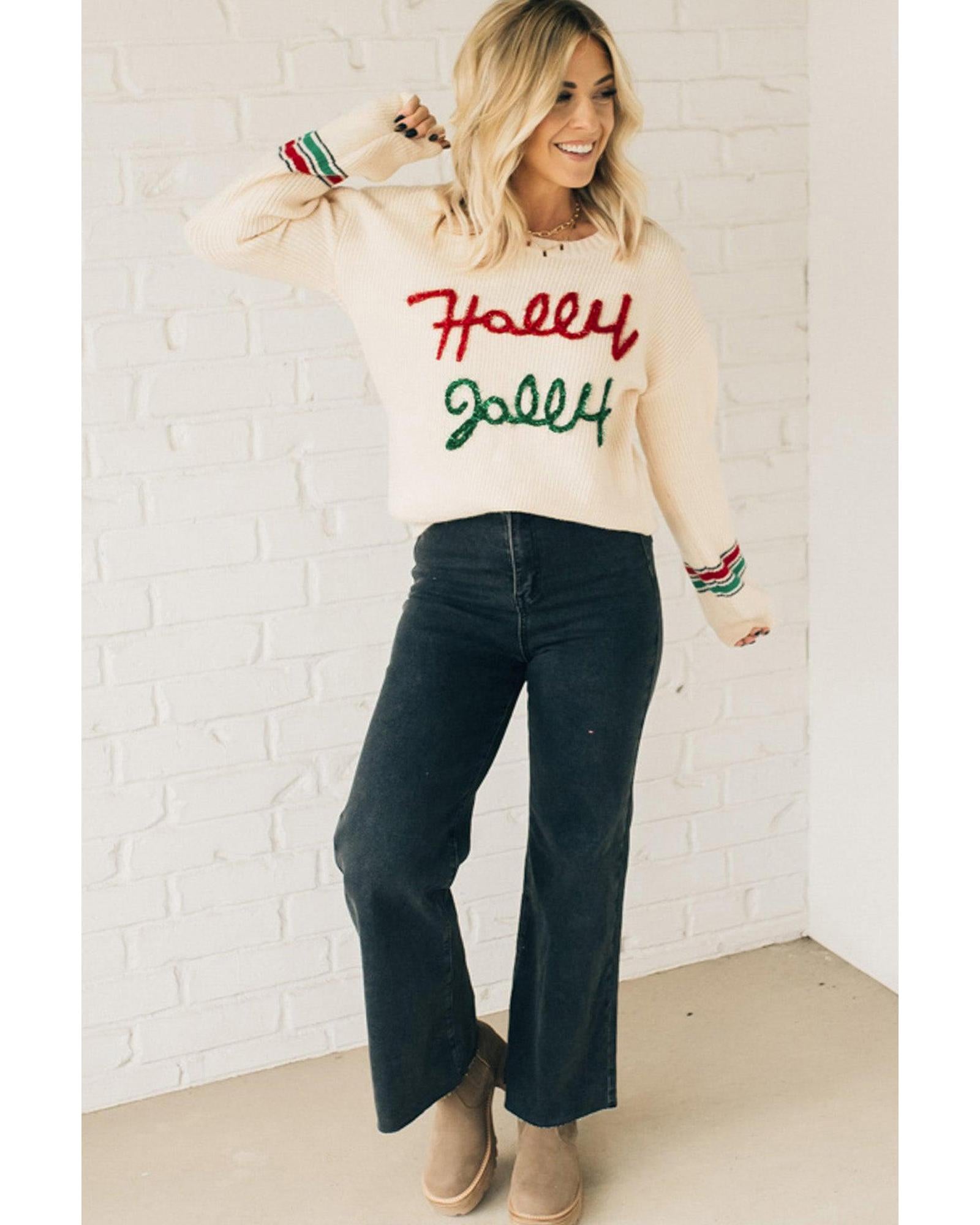 Beige Tinsel Holly Jolly Graphic Classic Sweater - L