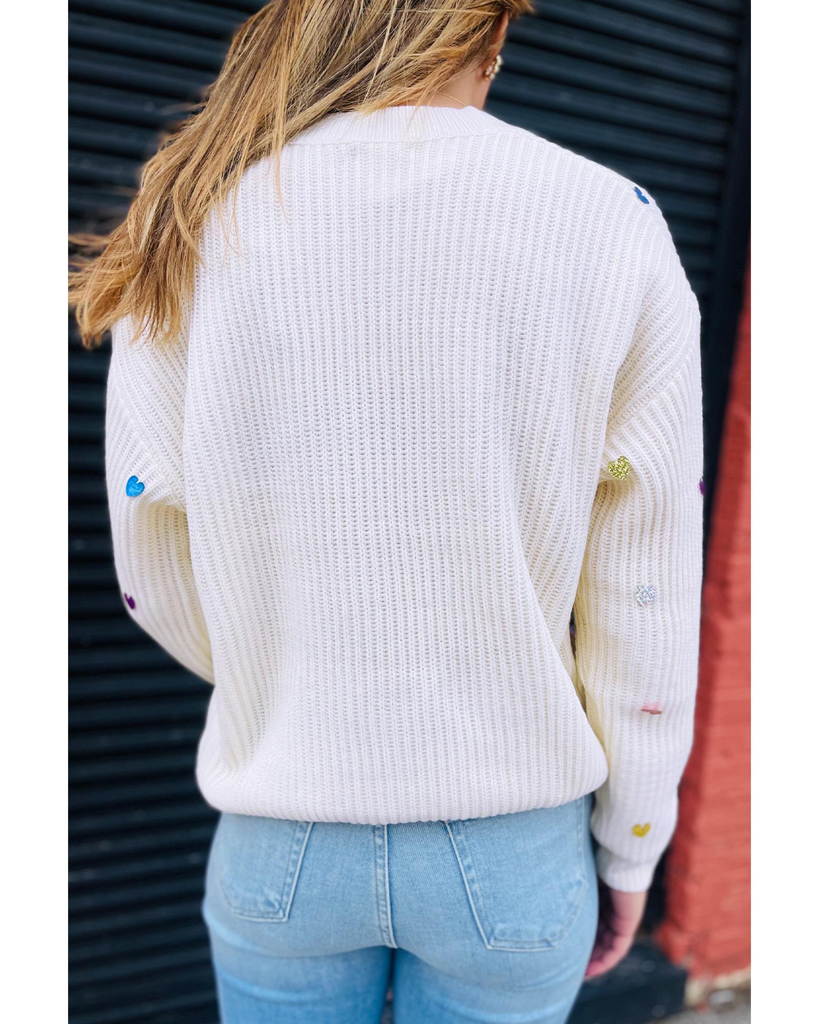 Beige Sequin Heart Shape Waffle Knit Round Neck Sweater - L