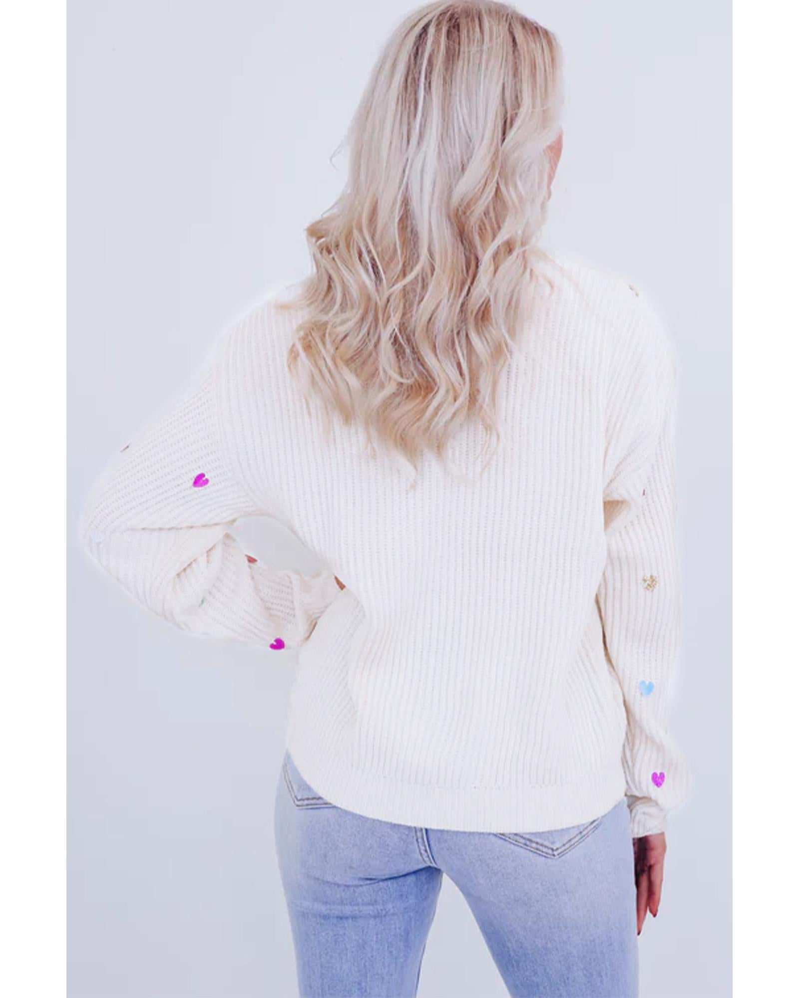 Beige Sequin Heart Shape Waffle Knit Round Neck Sweater - L