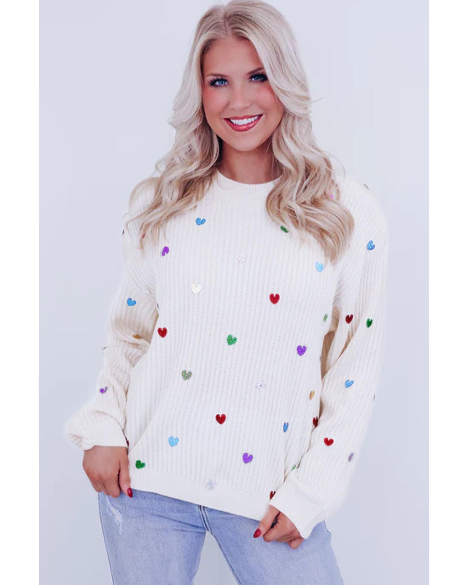 Beige Sequin Heart Shape Waffle Knit Round Neck Sweater - L