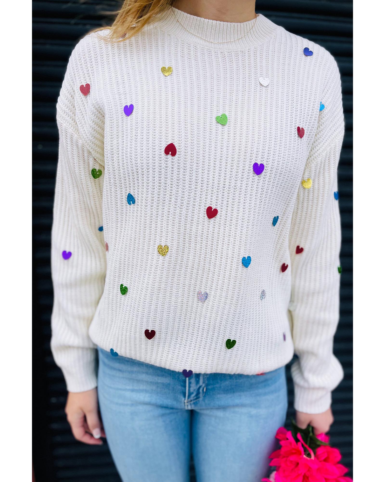 Beige Sequin Heart Shape Waffle Knit Round Neck Sweater - L