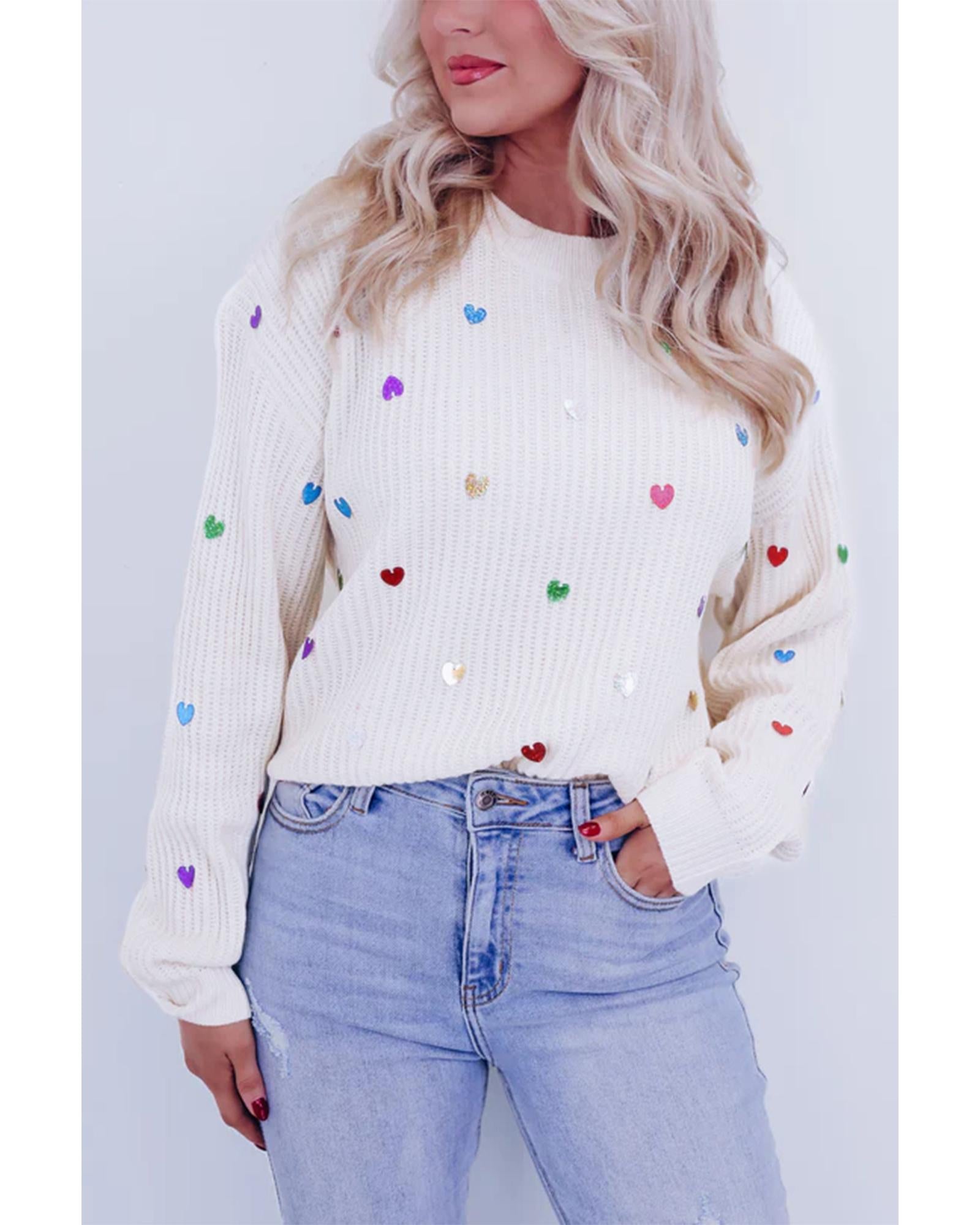 Beige Sequin Heart Shape Waffle Knit Round Neck Sweater - M