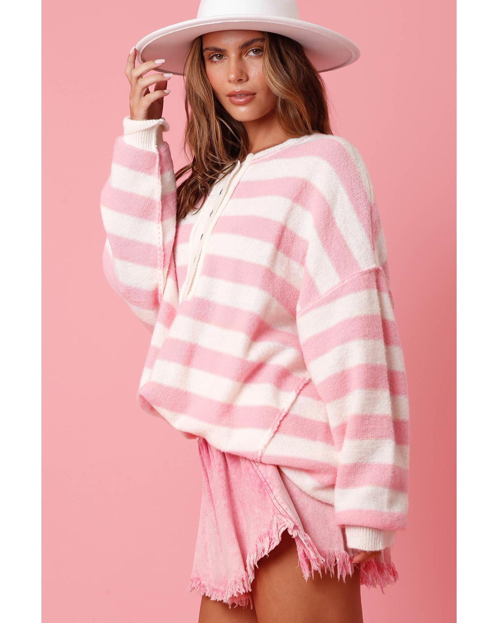 Pink Stripe Half Buttons Drop Shoulder Sweater - XL