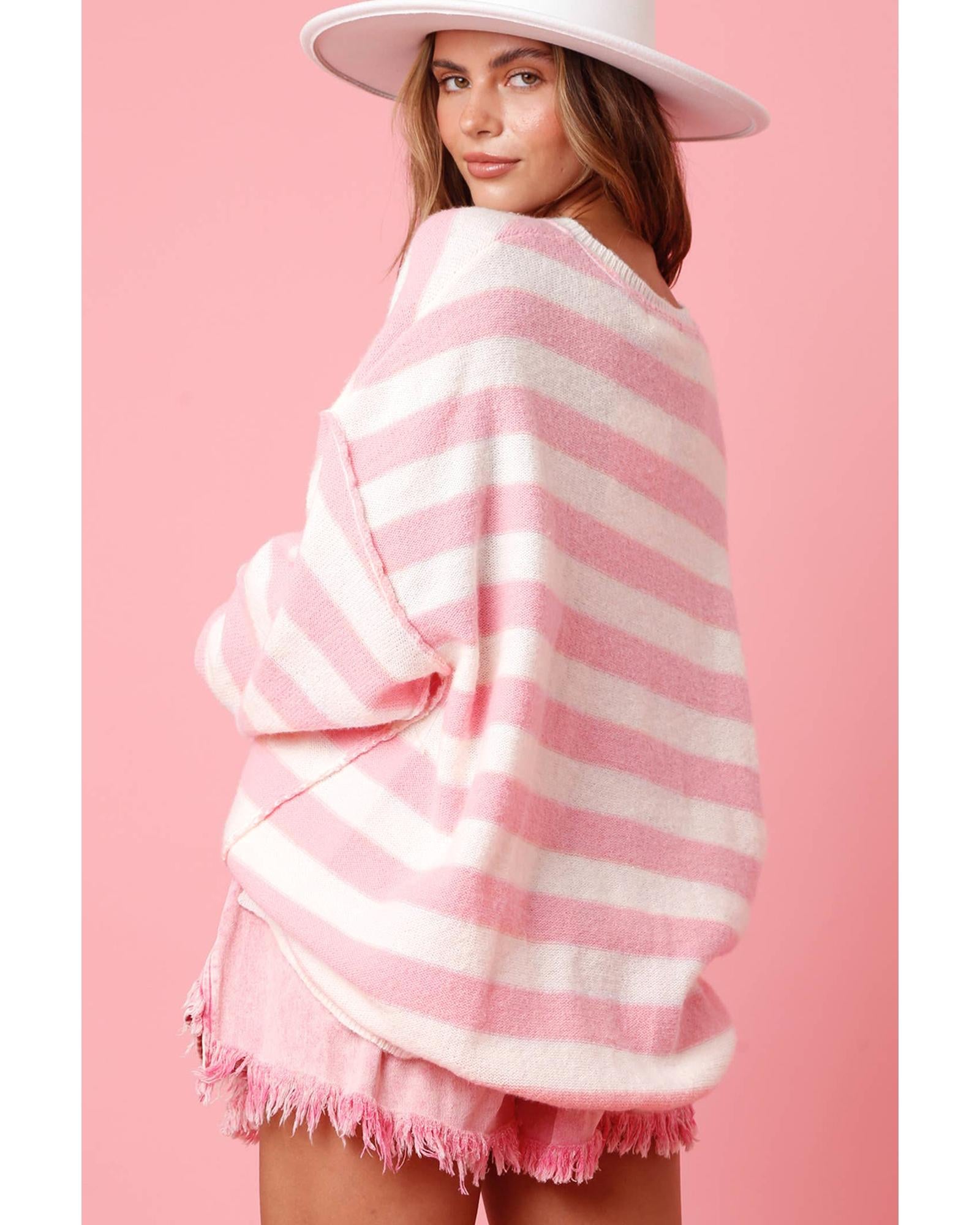 Pink Stripe Half Buttons Drop Shoulder Sweater - XL