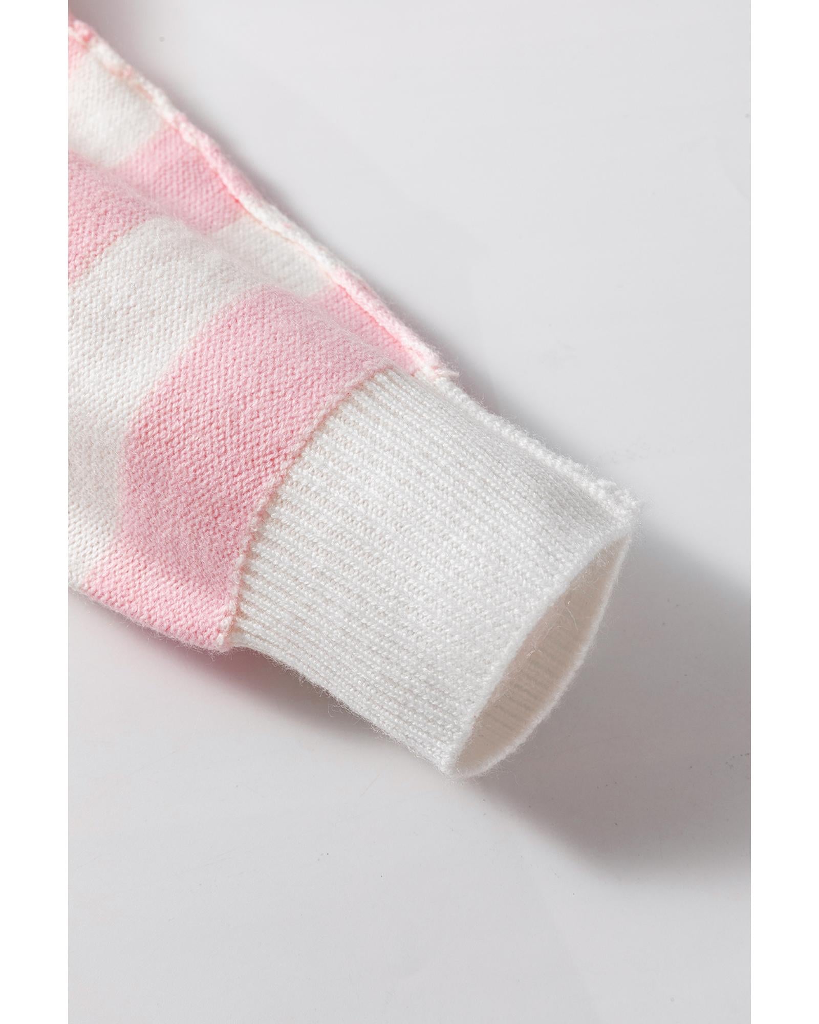 Pink Stripe Half Buttons Drop Shoulder Sweater - XL