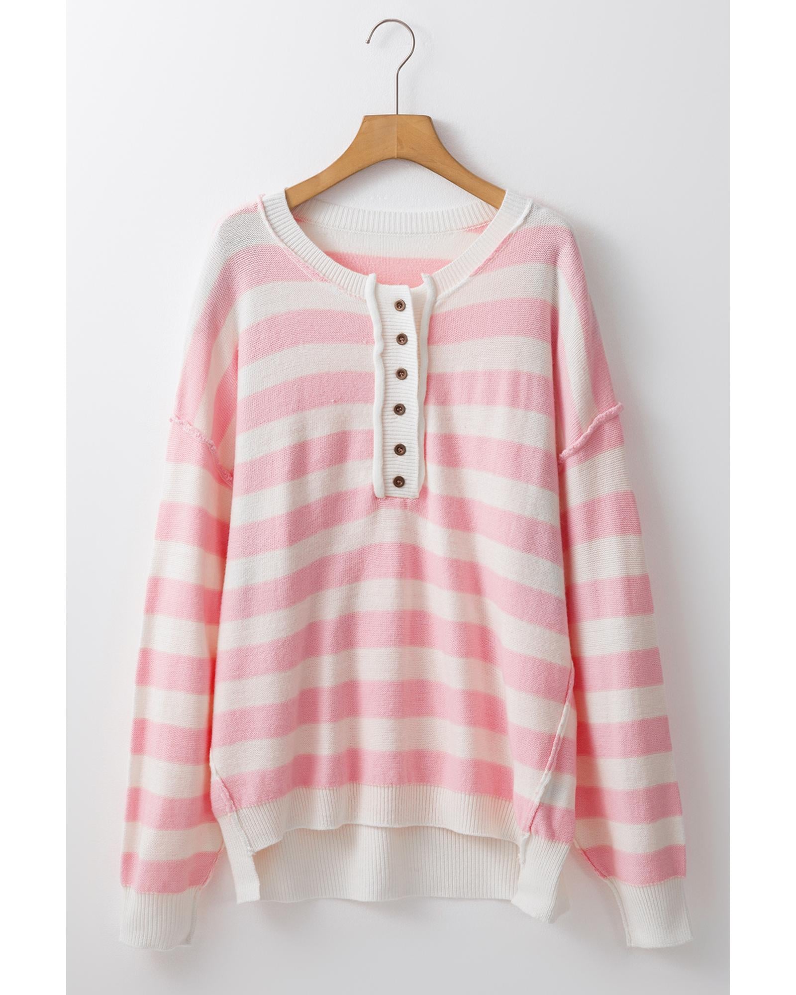 Pink Stripe Half Buttons Drop Shoulder Sweater - XL