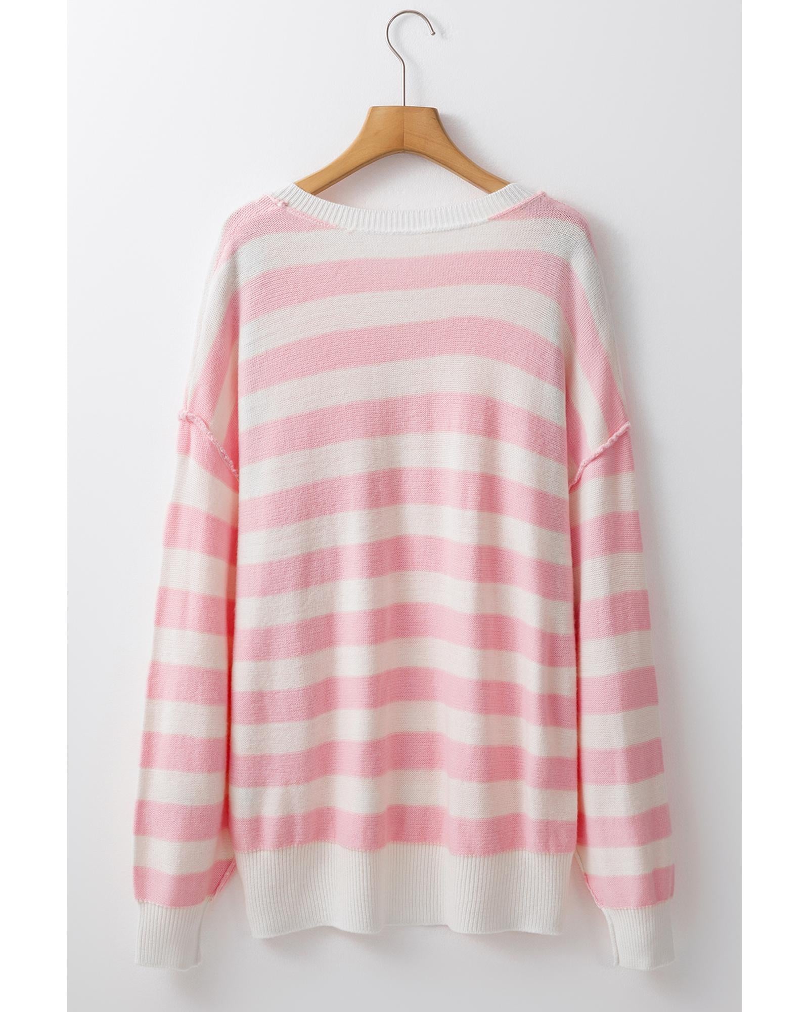 Pink Stripe Half Buttons Drop Shoulder Sweater - XL