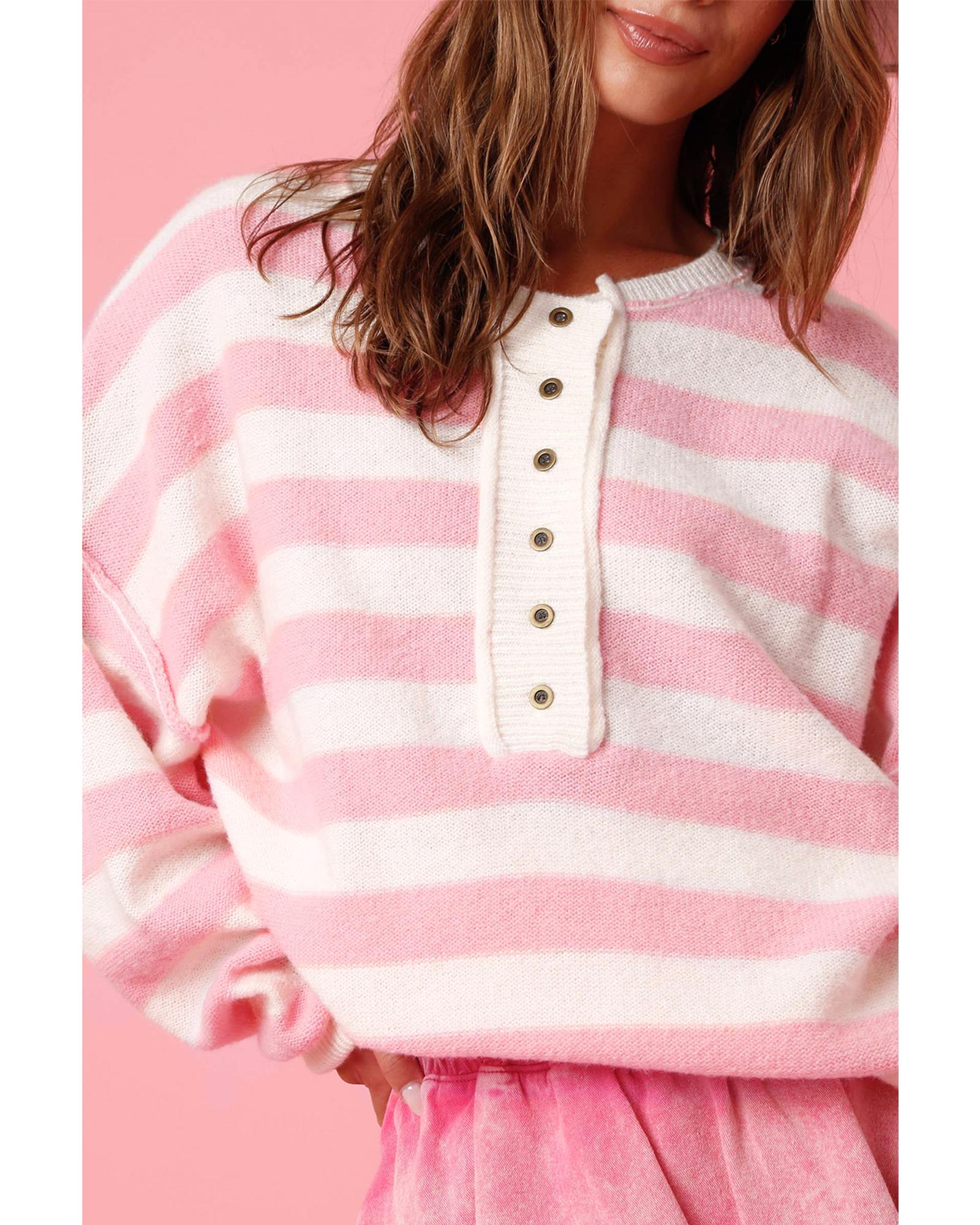 Pink Stripe Half Buttons Drop Shoulder Sweater - XL