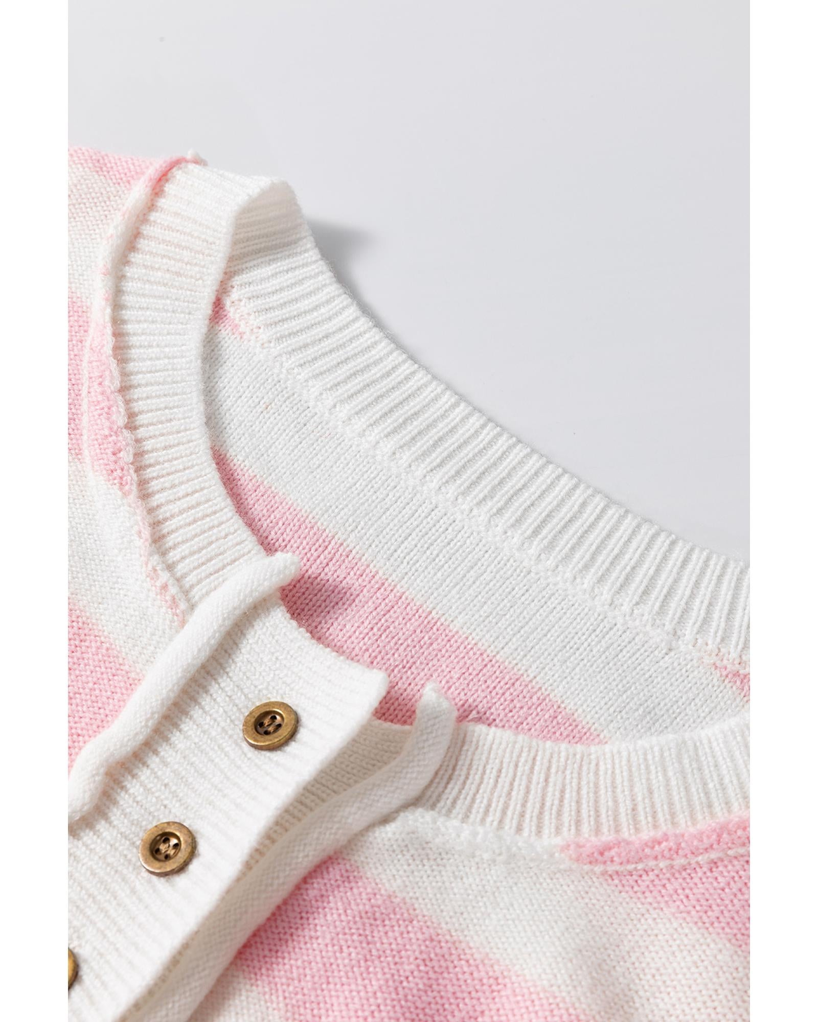 Pink Stripe Half Buttons Drop Shoulder Sweater - XL