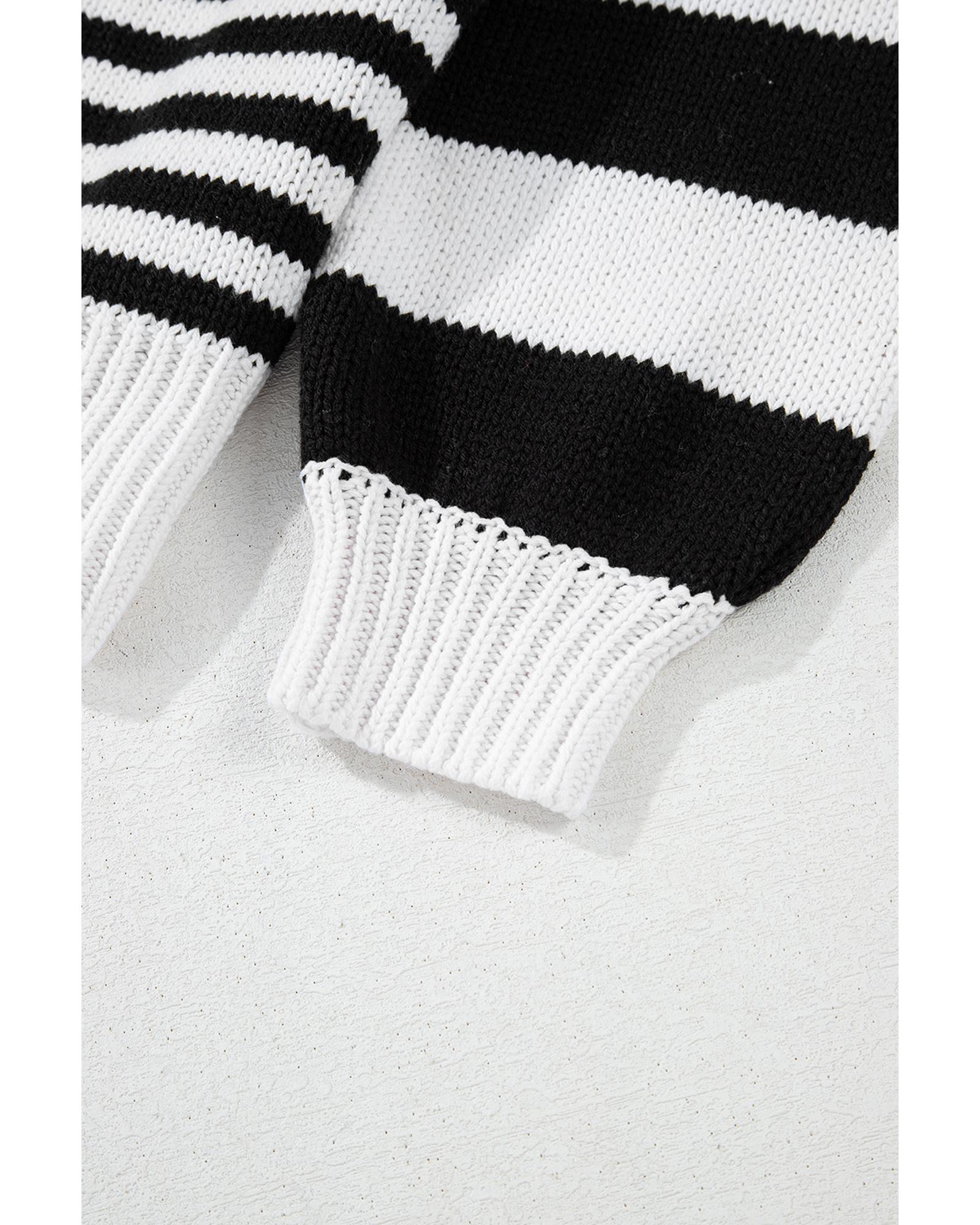 Black white Striped Drop Shoulder Bishop Sleeve Knit Sweater - XL
