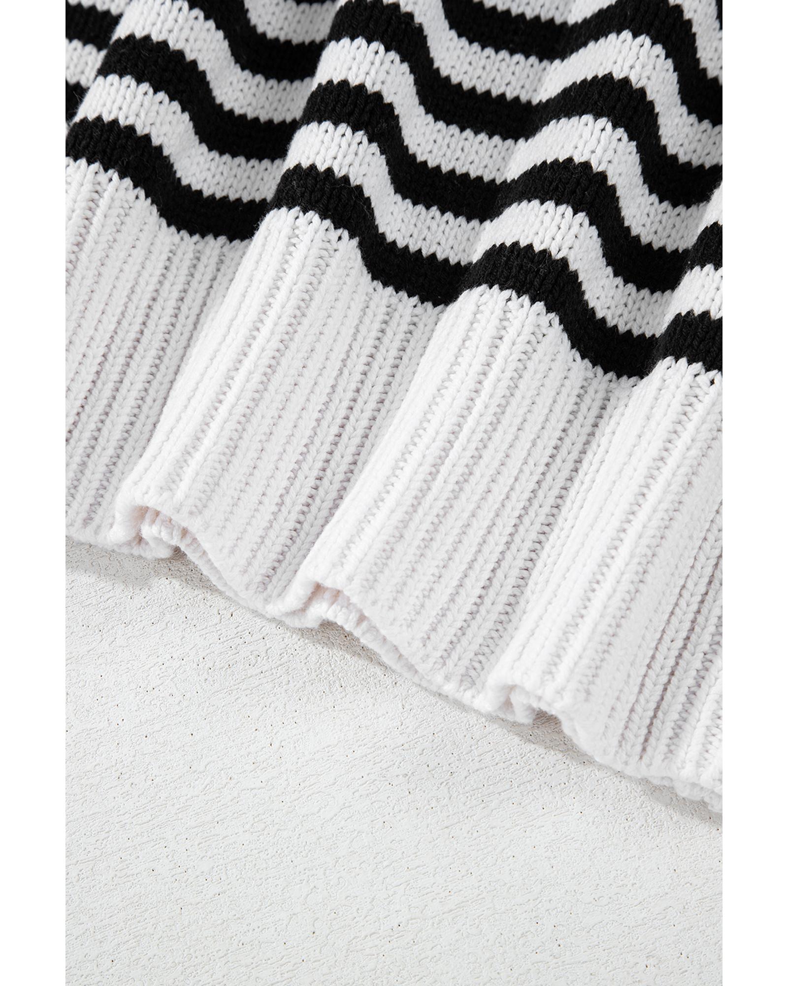 Black white Striped Drop Shoulder Bishop Sleeve Knit Sweater - XL