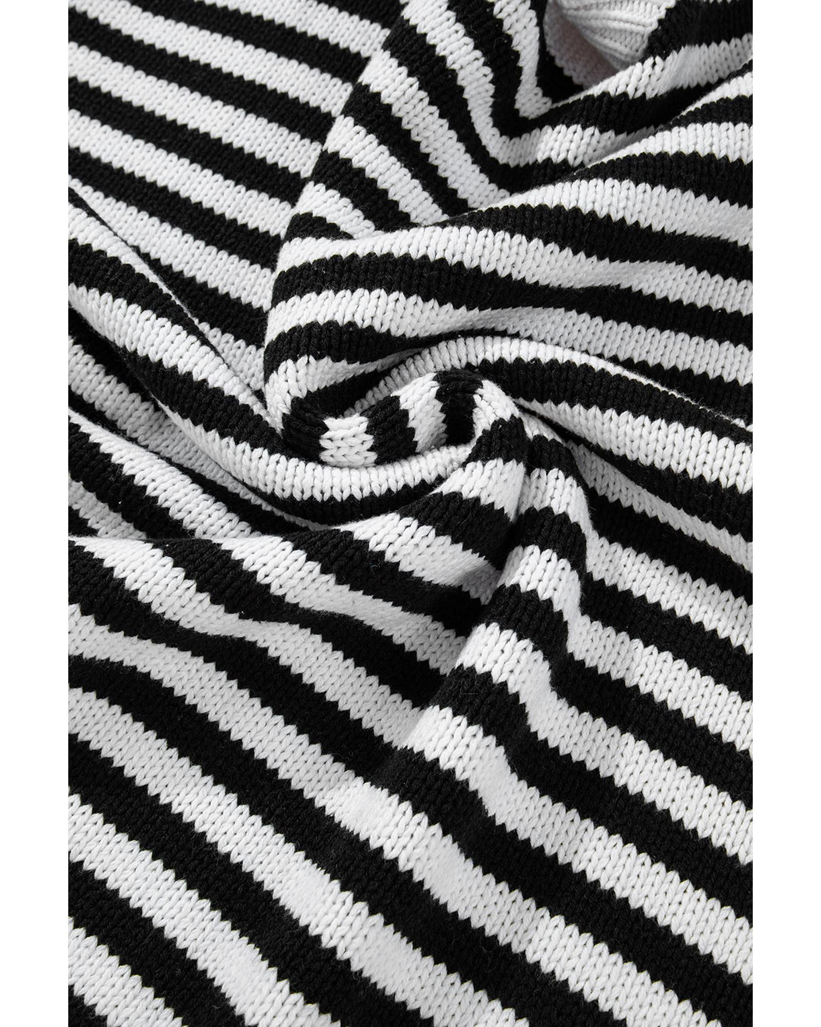 Black white Striped Drop Shoulder Bishop Sleeve Knit Sweater - XL