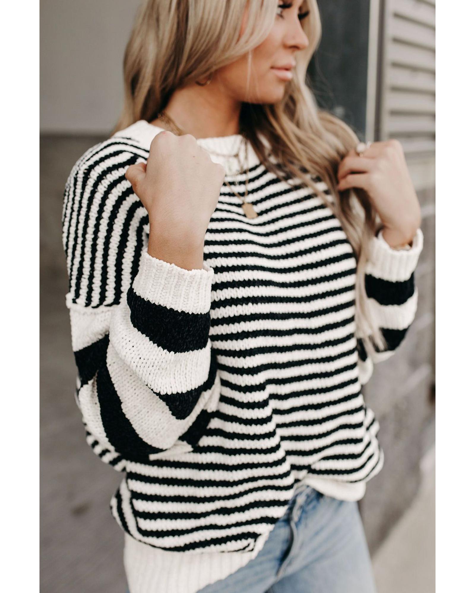 Black white Striped Drop Shoulder Bishop Sleeve Knit Sweater - XL
