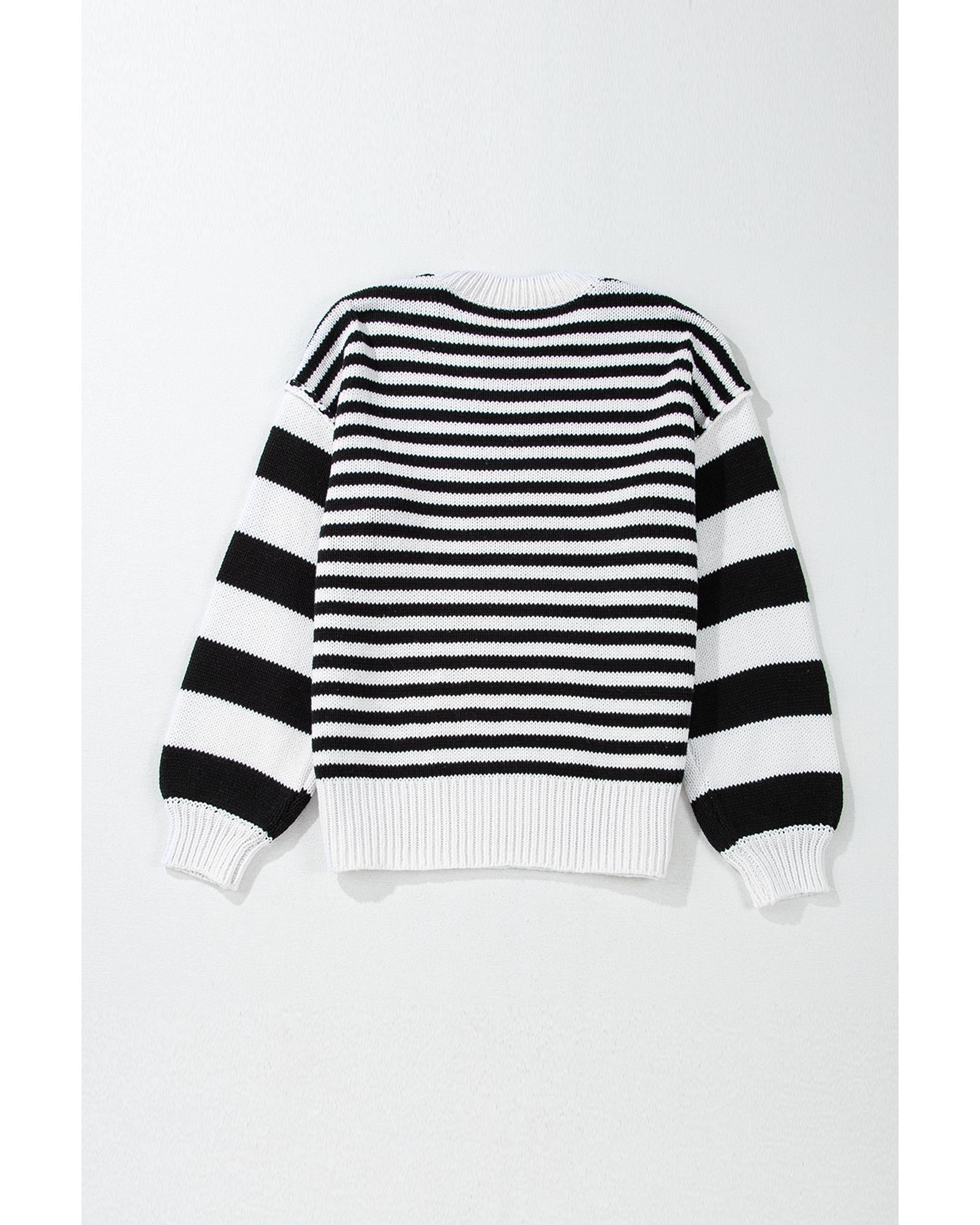 Black white Striped Drop Shoulder Bishop Sleeve Knit Sweater - XL