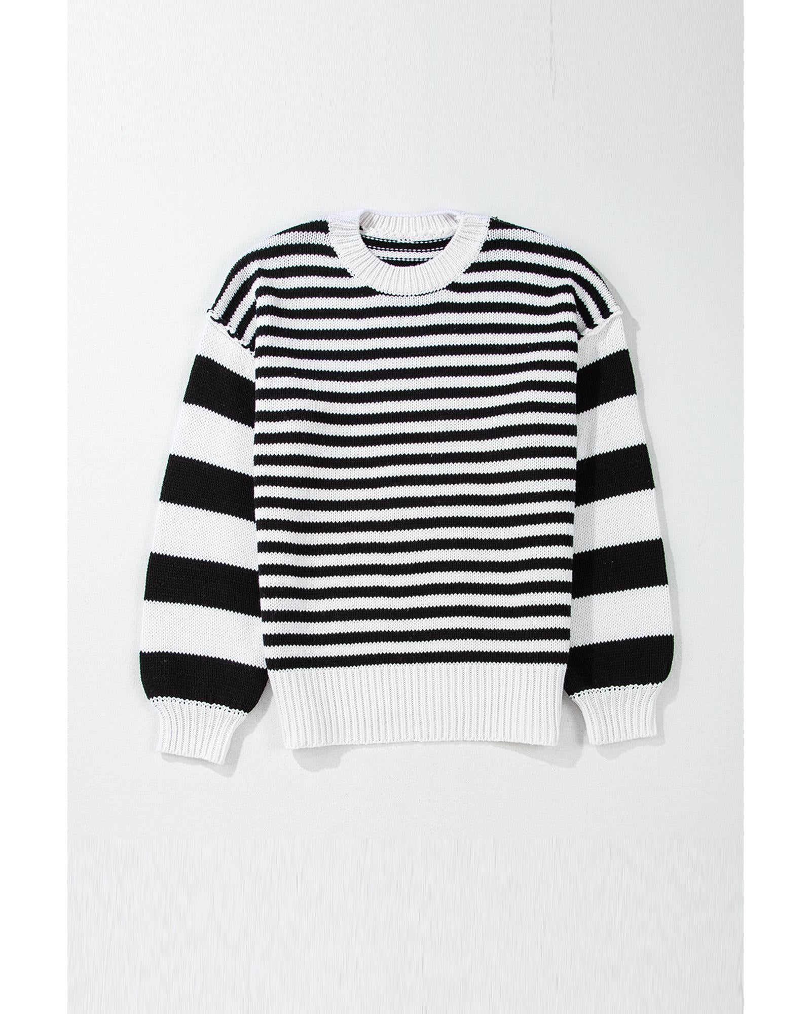 Black white Striped Drop Shoulder Bishop Sleeve Knit Sweater - XL