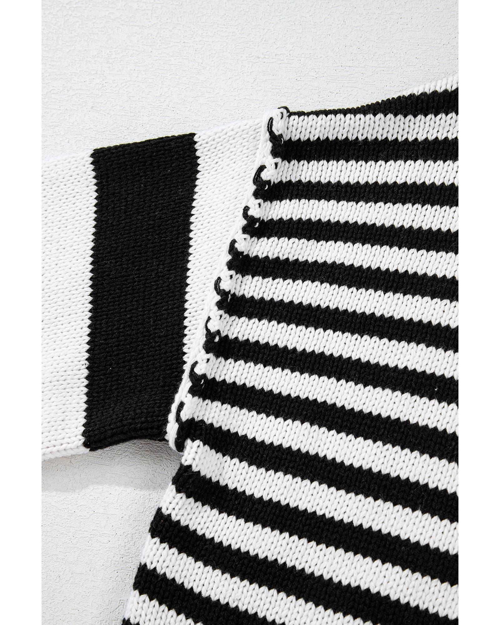 Black white Striped Drop Shoulder Bishop Sleeve Knit Sweater - XL