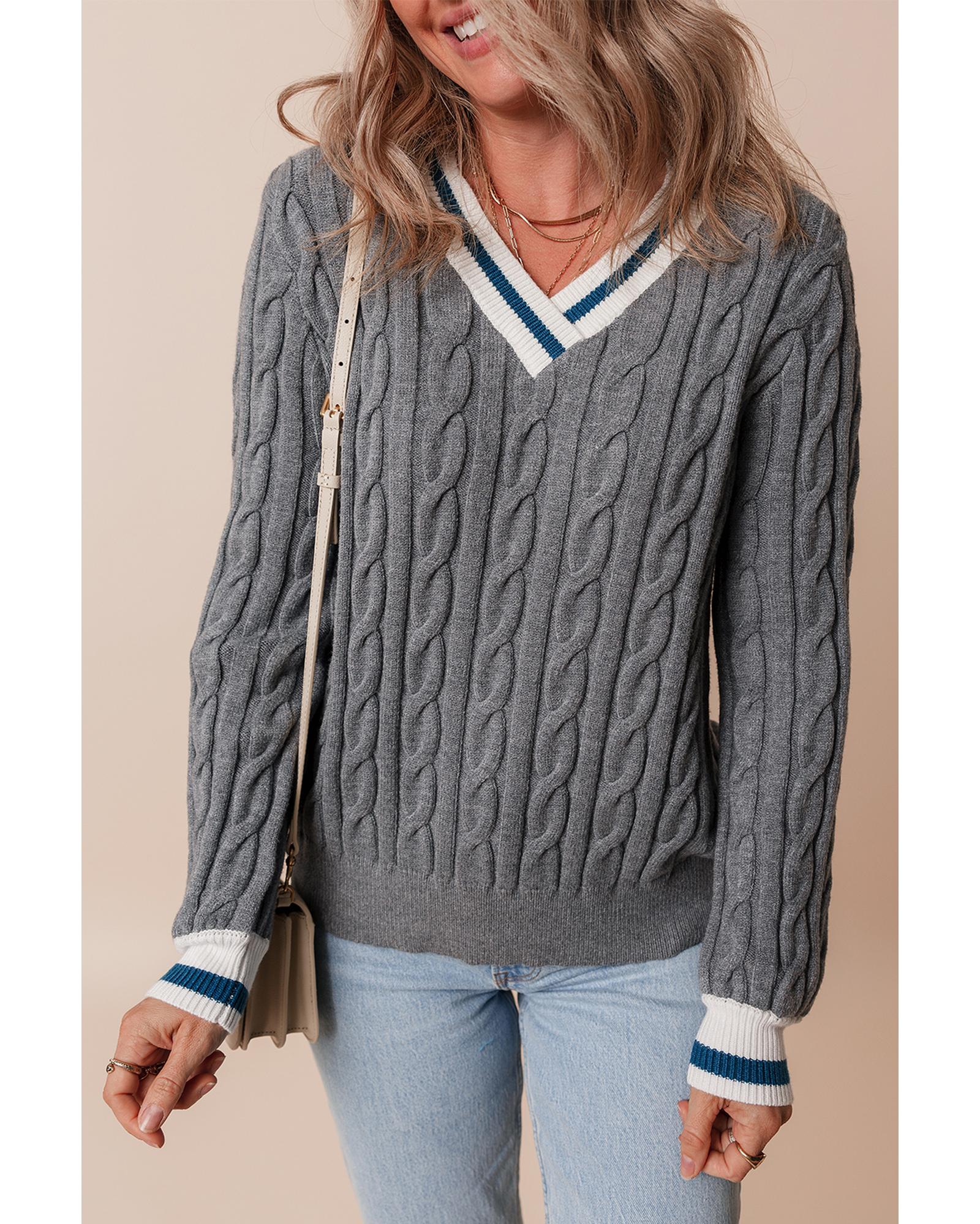 Medium Grey Color Contrast Ribbed Edge Cable Knit V Neck Sweater - 2XL