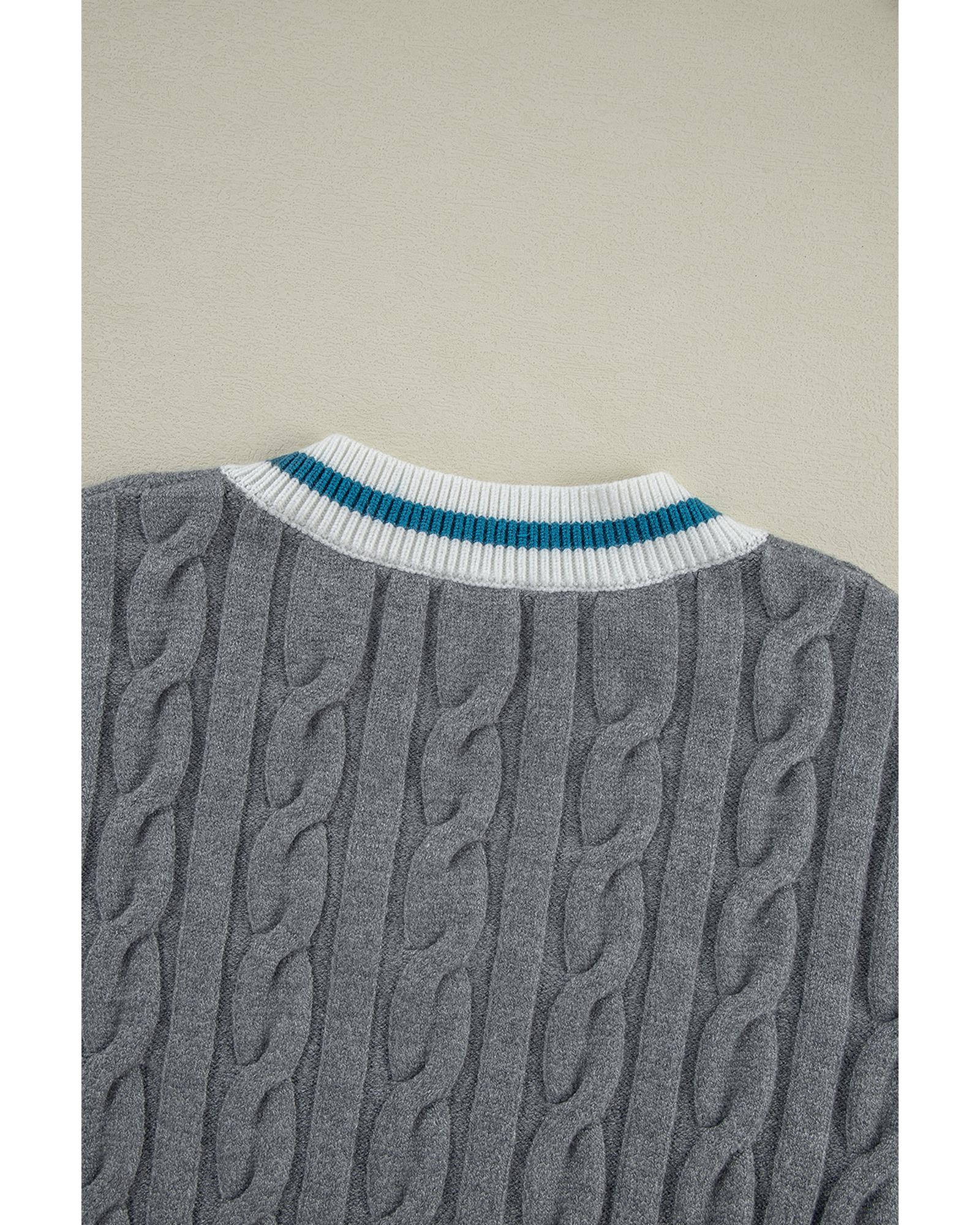 Medium Grey Color Contrast Ribbed Edge Cable Knit V Neck Sweater - 2XL