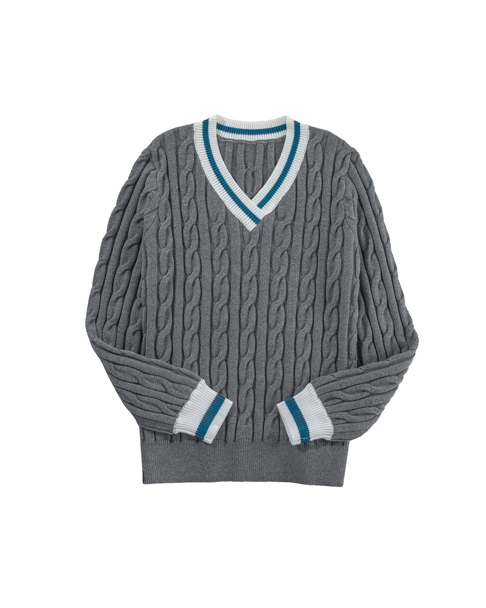 Medium Grey Color Contrast Ribbed Edge Cable Knit V Neck Sweater - 2XL