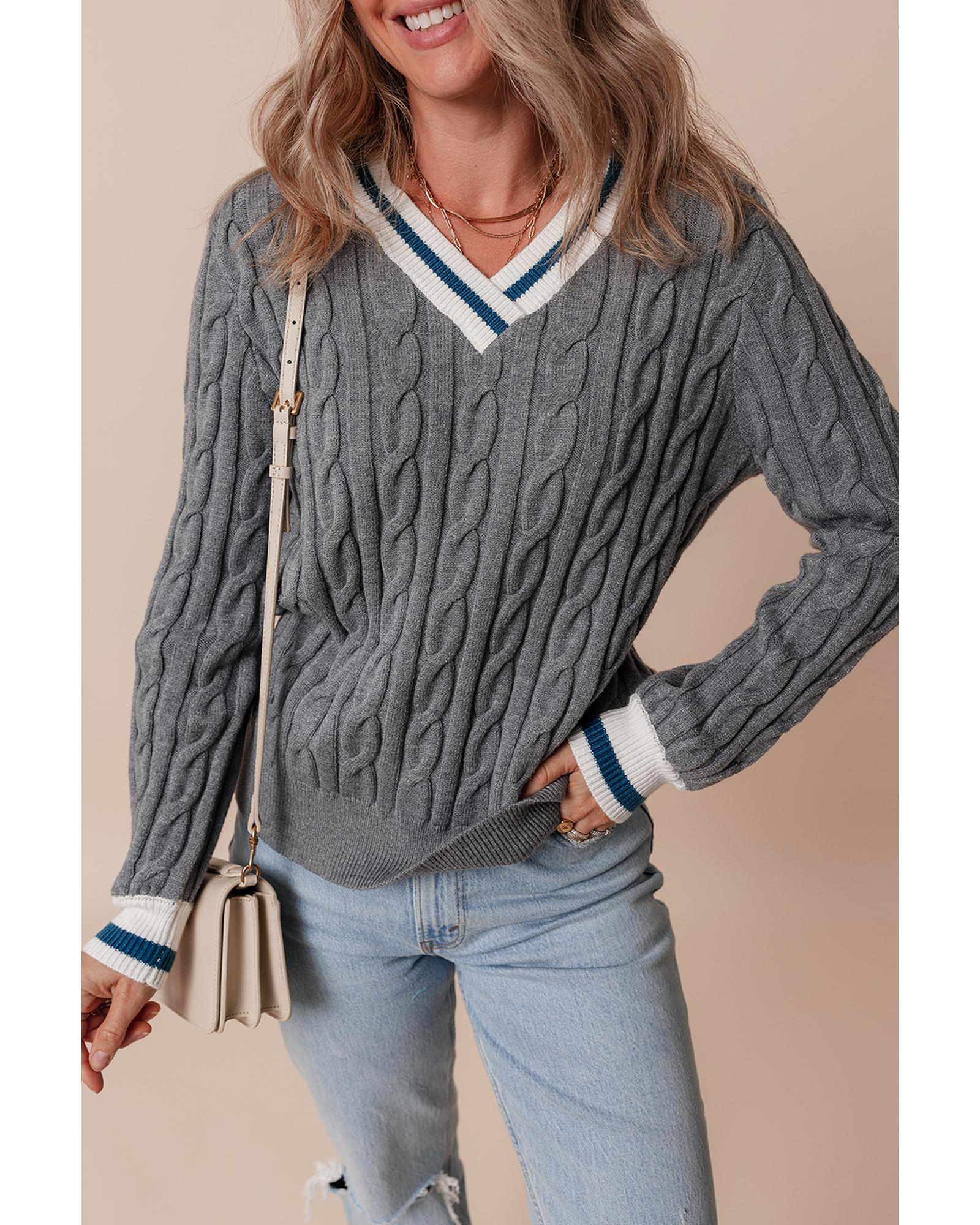 Medium Grey Color Contrast Ribbed Edge Cable Knit V Neck Sweater - 2XL
