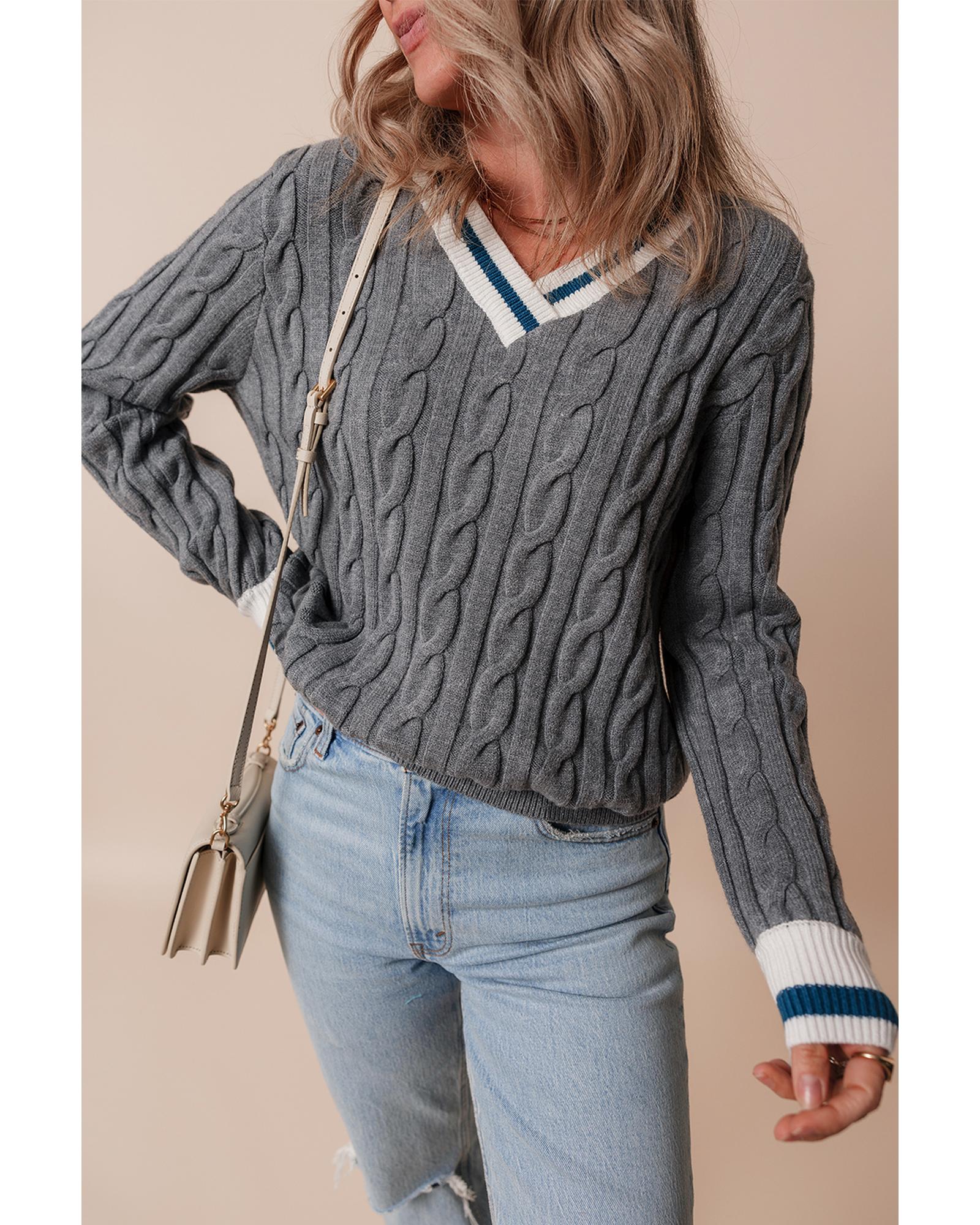 Medium Grey Color Contrast Ribbed Edge Cable Knit V Neck Sweater - L