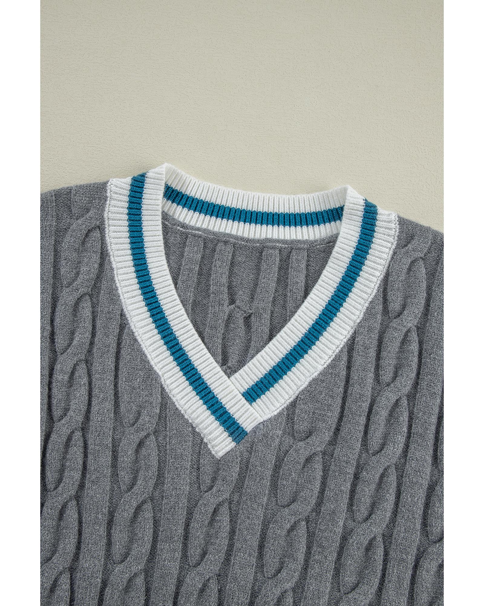 Medium Grey Color Contrast Ribbed Edge Cable Knit V Neck Sweater - L